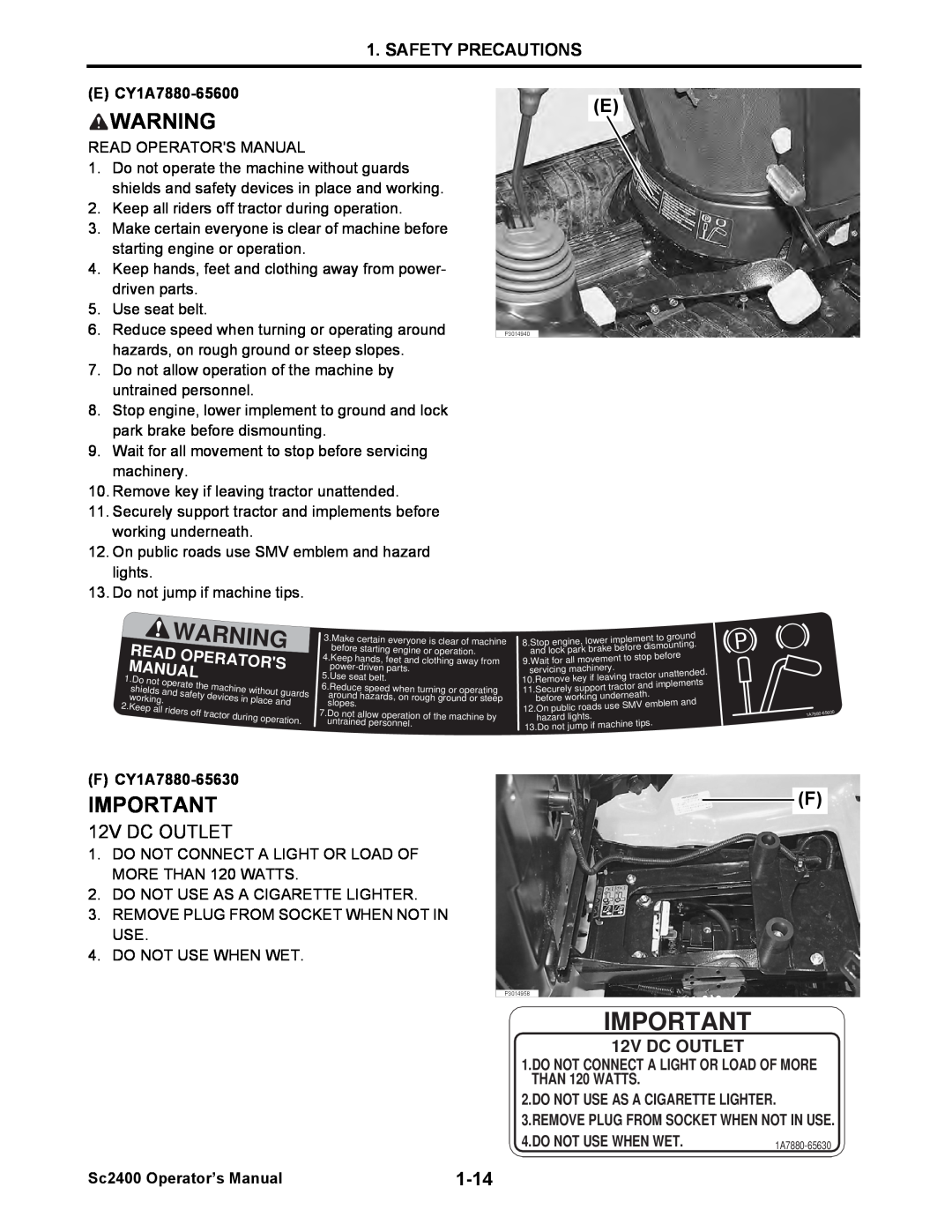 Cub Cadet SC2400 manual 12V DC OUTLET, Safety Precautions, Tors, Nual, Ad Opera, E CY1A7880-65600, F CY1A7880-65630 