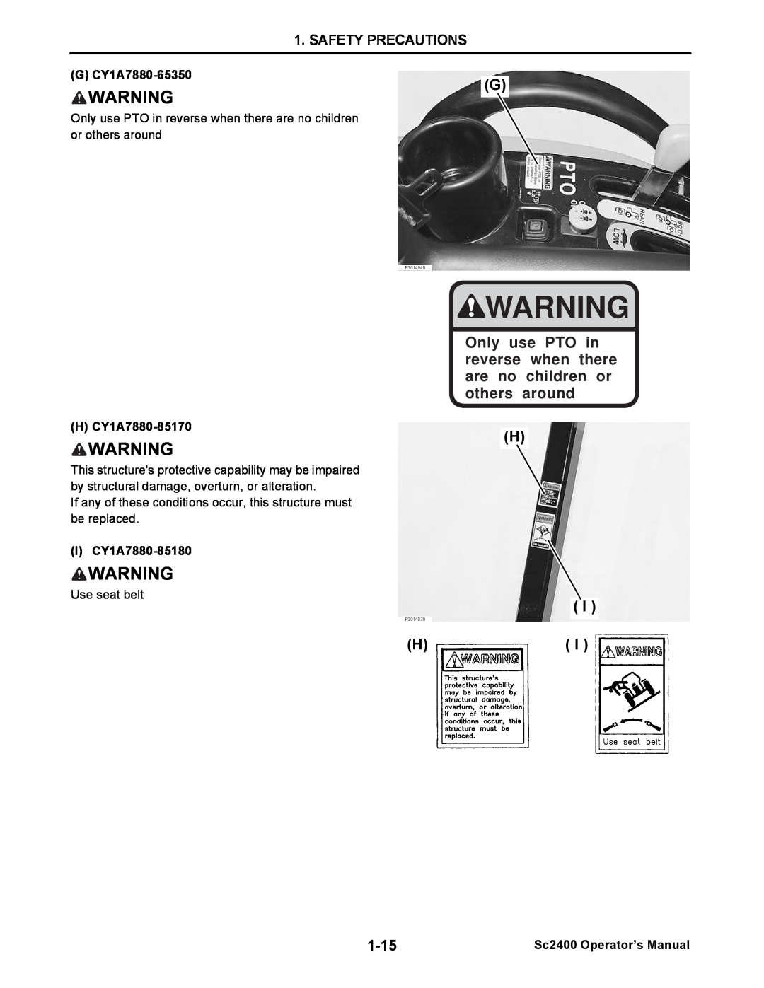 Cub Cadet SC2400 manual Safety Precautions, GCY1A7880-65350, HCY1A7880-85170, ICY1A7880-85180, Sc2400 Operator’s Manual 