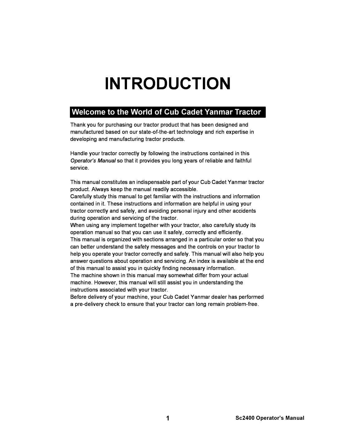 Cub Cadet SC2400 manual Introduction, Welcome to the World of Cub Cadet Yanmar Tractor, Sc2400 Operator’s Manual 