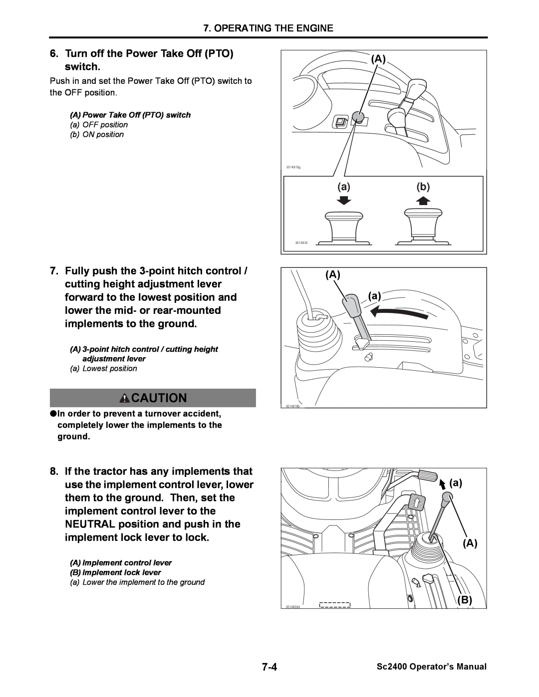 Cub Cadet SC2400 manual Turn off the Power Take Off PTO switch 