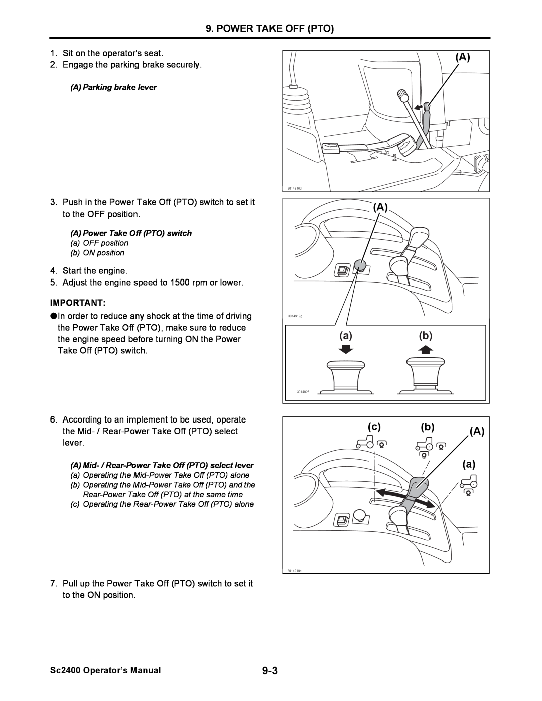 Cub Cadet SC2400 manual c b A a, Power Take Off Pto, Sc2400 Operator’s Manual 