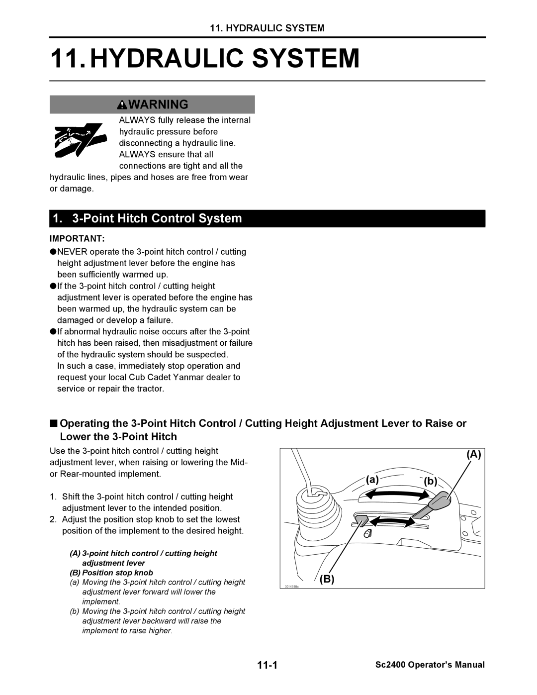 Cub Cadet SC2400 manual Hydraulic System, 1. 3-PointHitch Control System, Sc2400 Operator’s Manual 