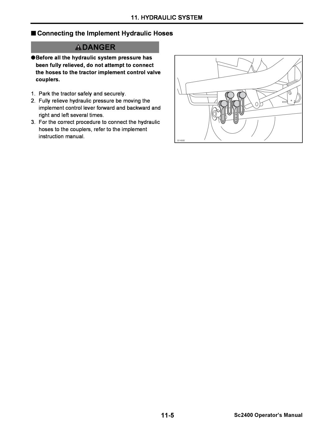 Cub Cadet SC2400 manual Danger, Connecting the Implement Hydraulic Hoses, 11-5, Hydraulic System, Sc2400 Operator’s Manual 