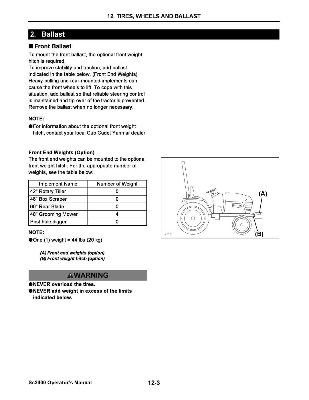 Cub Cadet SC2400 manual Tires, Wheels And Ballast, Front End Weights Option, NEVER overload the tires 