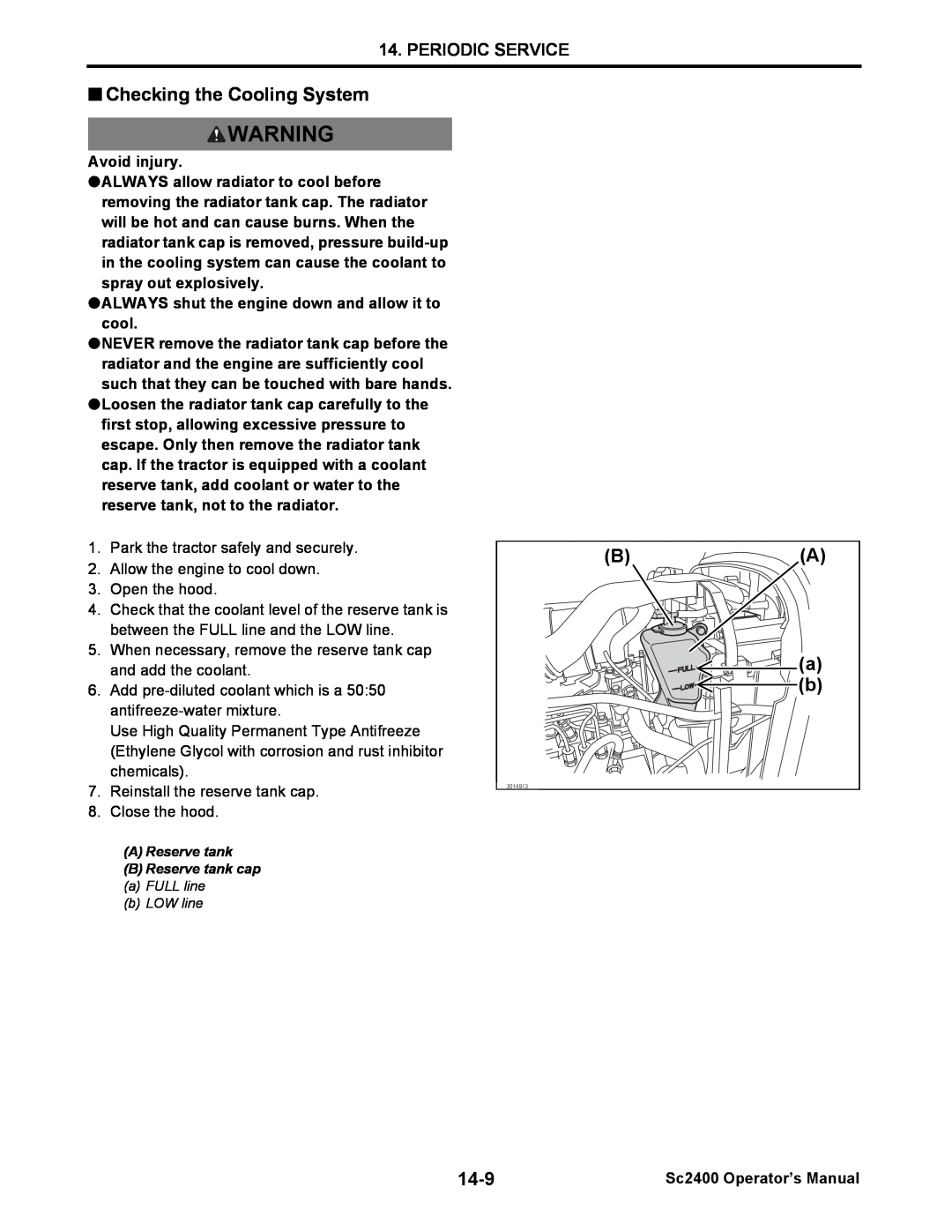 Cub Cadet SC2400 manual Checking the Cooling System, BA a b, 14-9, Periodic Service, Avoid injury, Sc2400 Operator’s Manual 