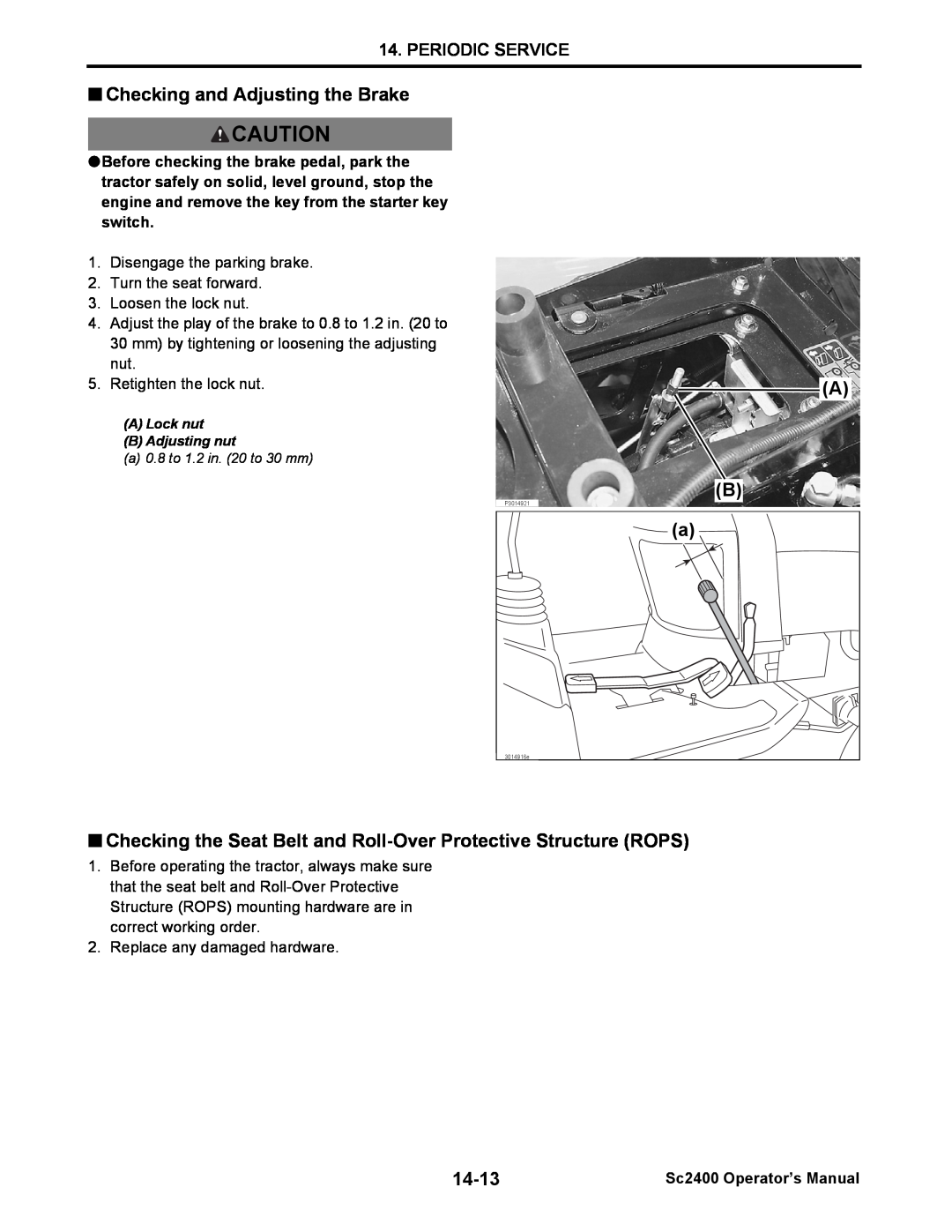 Cub Cadet SC2400 manual Checking and Adjusting the Brake, Periodic Service, 14-13, Sc2400 Operator’s Manual 