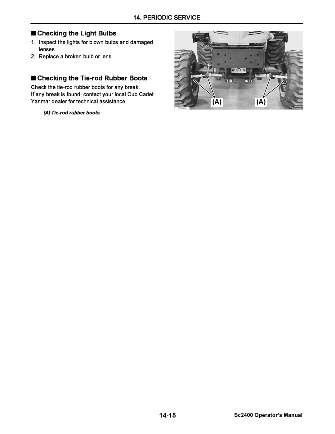 Cub Cadet SC2400 manual Periodic Service, 14-15, Sc2400 Operator’s Manual, A Tie-rodrubber boots, P3014960 