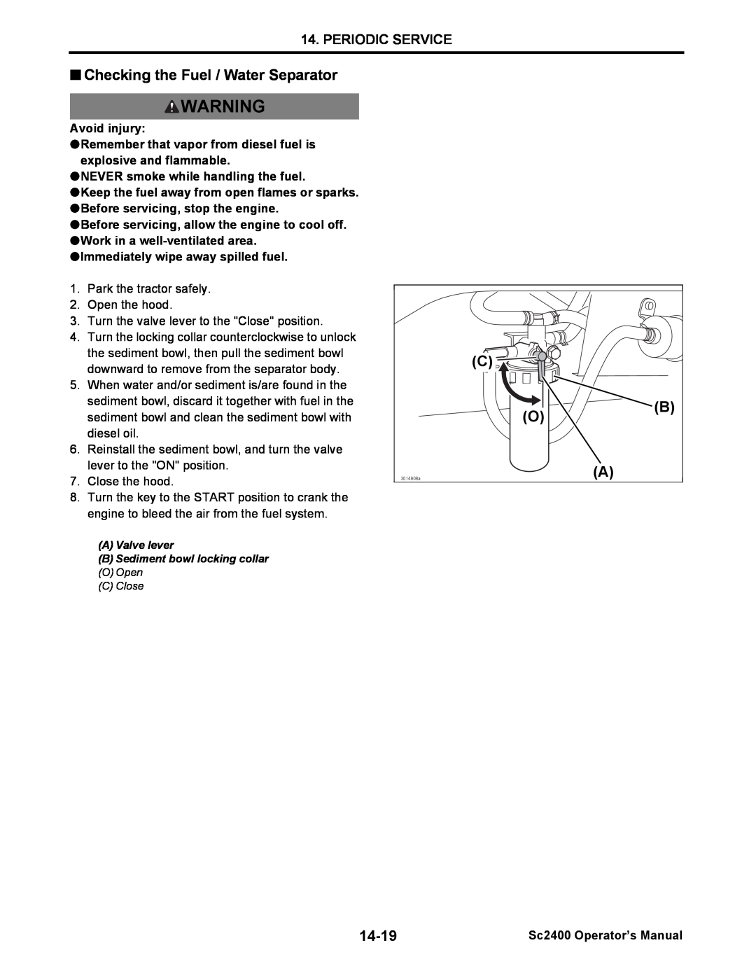 Cub Cadet SC2400 Periodic Service, 14-19, Avoid injury, NEVER smoke while handling the fuel, Sc2400 Operator’s Manual 