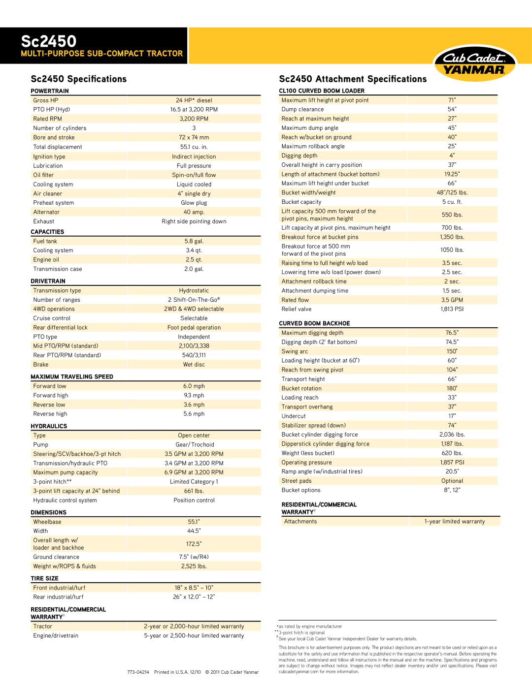 Cub Cadet SC2450 warranty Sc2450 Specifications, Sc2450 Attachment Specifications, CL100 Curved Boom Loader, Capacities 