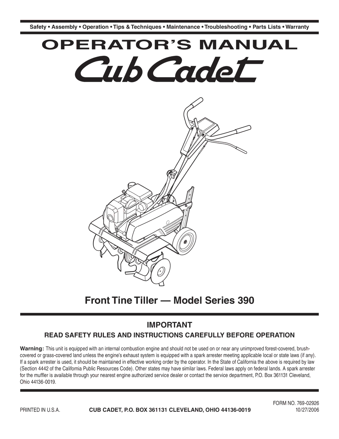 Cub Cadet Series 390 warranty OPERATOR’S Manual, Front Tine Tiller Model Series 