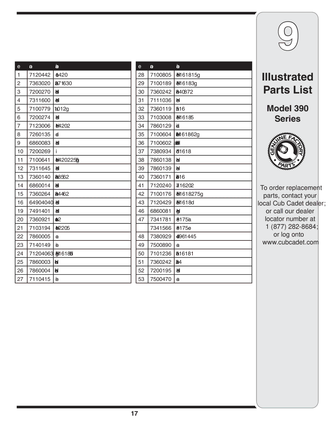 Cub Cadet Series 390 warranty Illustrated Parts List 