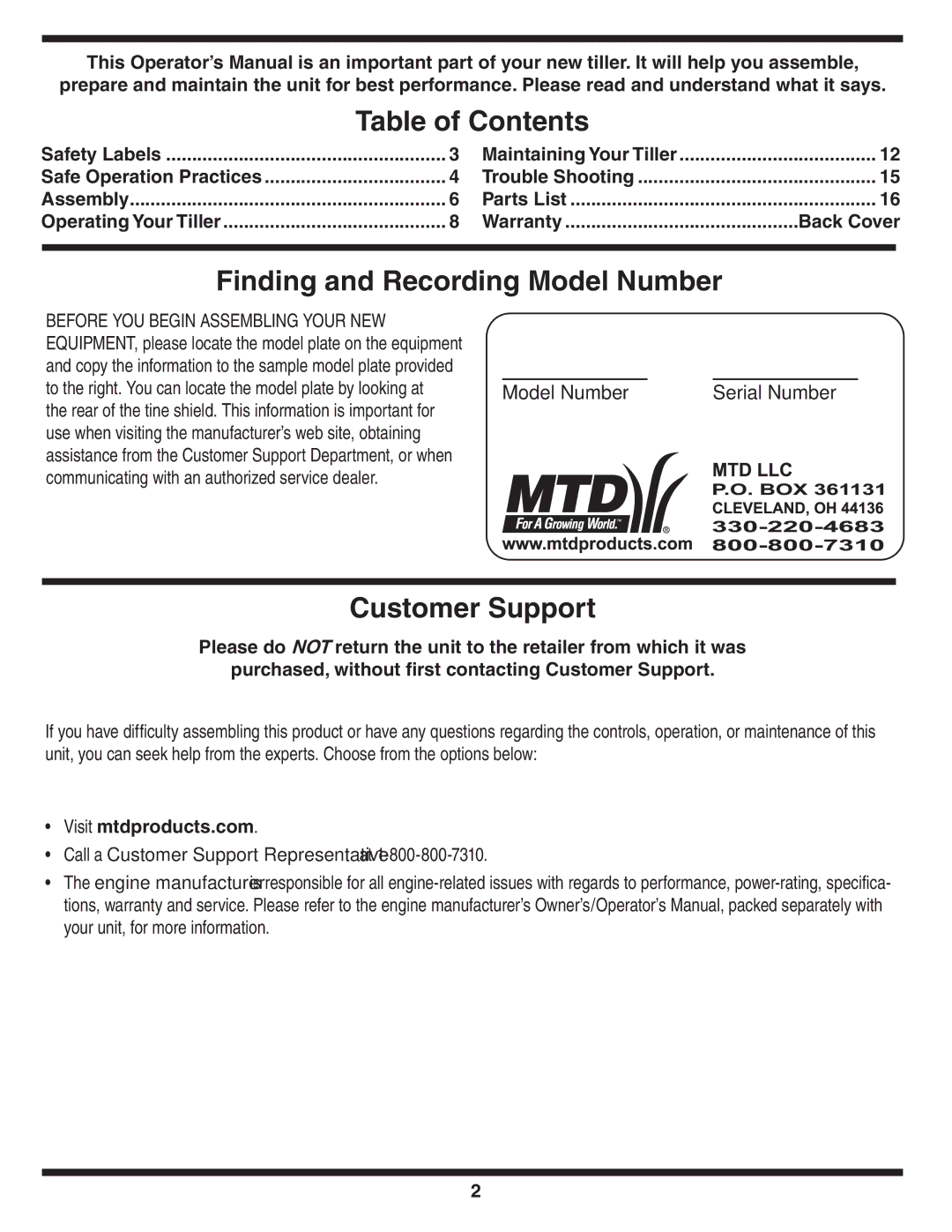 Cub Cadet Series 390 warranty Table of Contents, Finding and Recording Model Number, Customer Support 