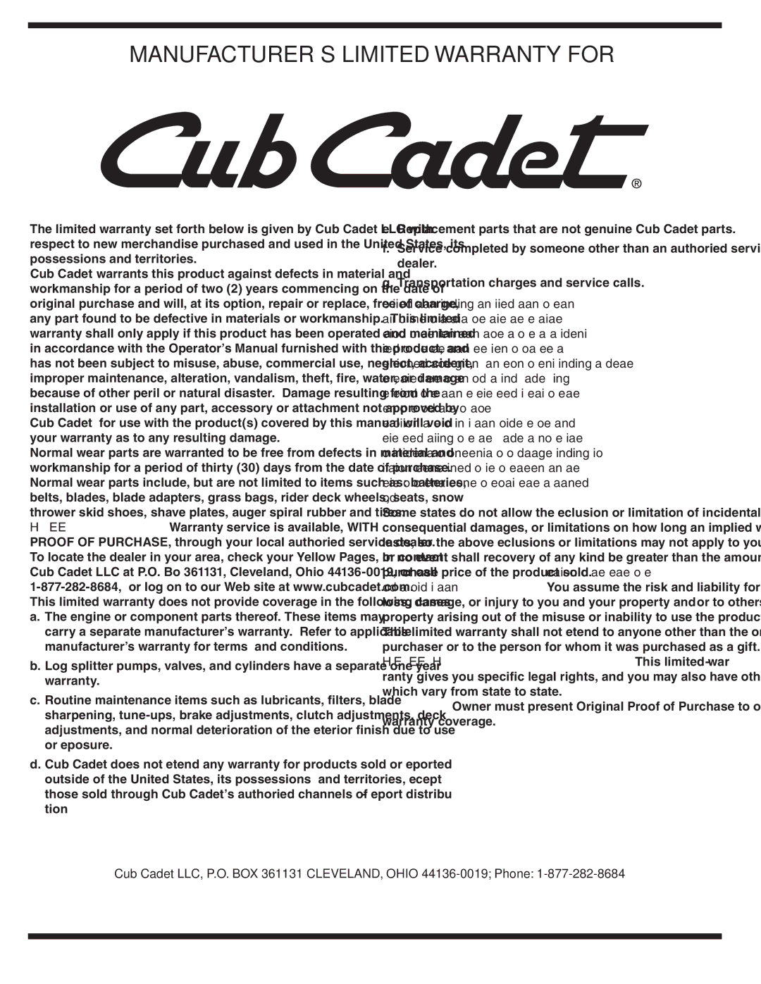 Cub Cadet Series 390 warranty MANUFACTURER’S Limited Warranty for 