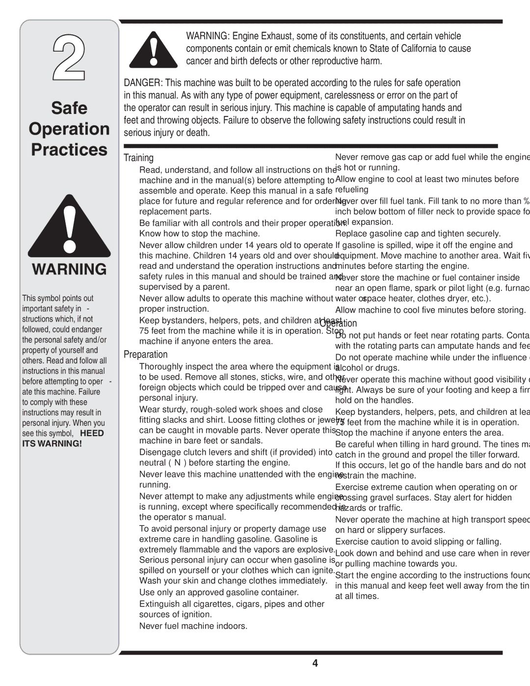 Cub Cadet Series 390 warranty Safe Operation Practices, Training, Preparation 