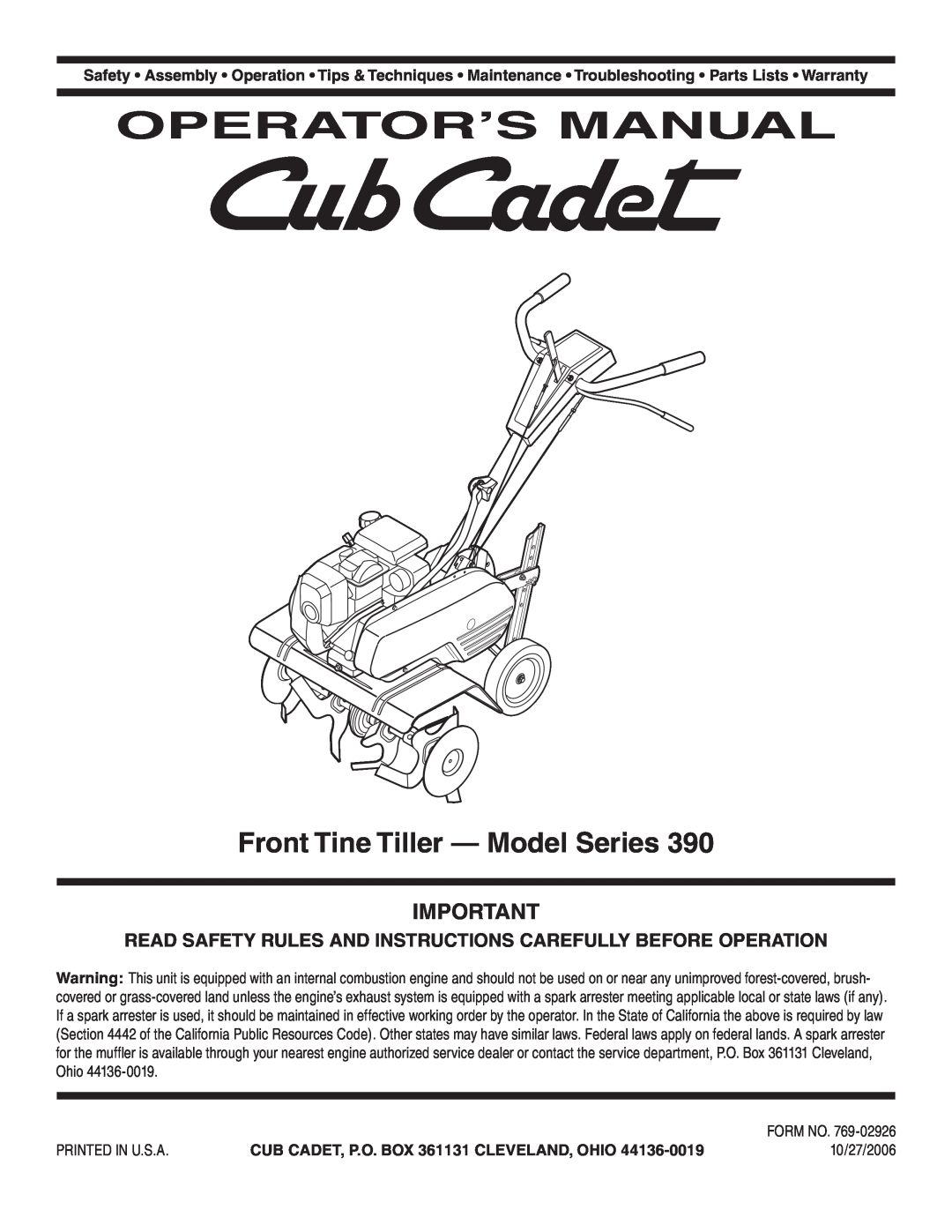 Cub Cadet Series 390 warranty Front Tine Tiller - Model Series, Operator’S Manual 