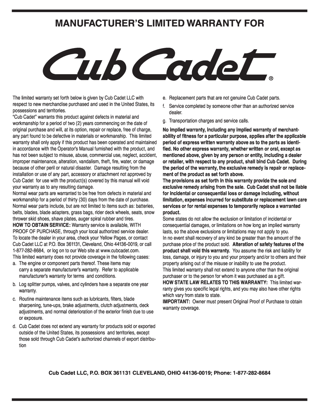 Cub Cadet Series 390 warranty Manufacturer’S Limited Warranty For 