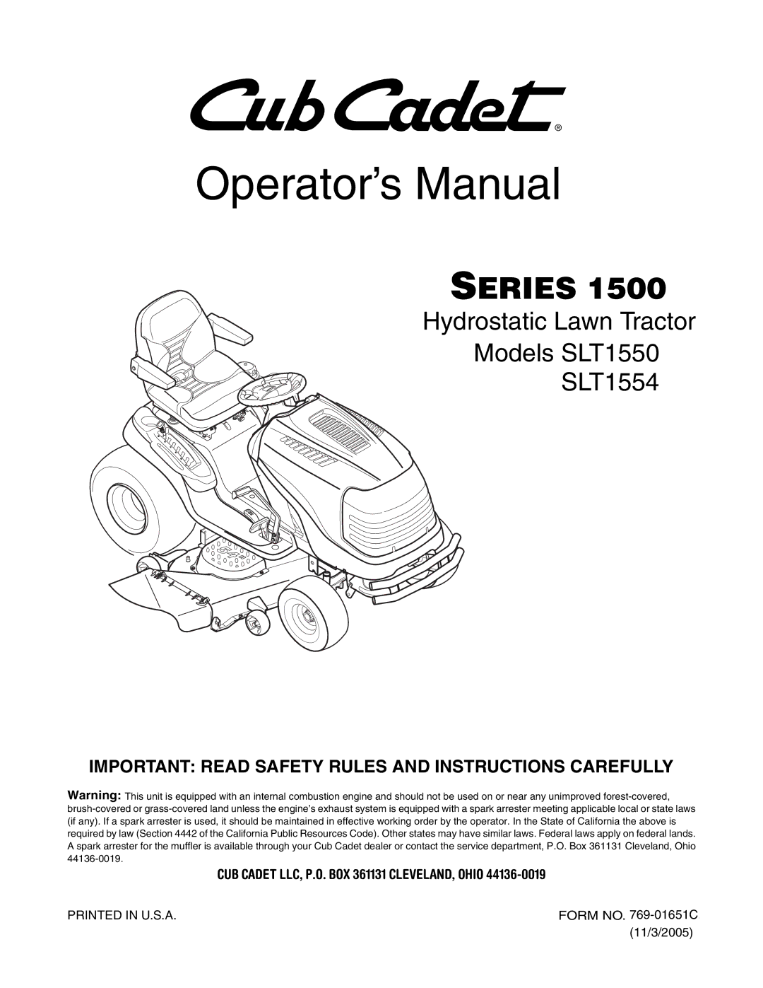 Cub Cadet SLT1550, SLT1554, SLT1554, SLT1550 manual Operator’s Manual 