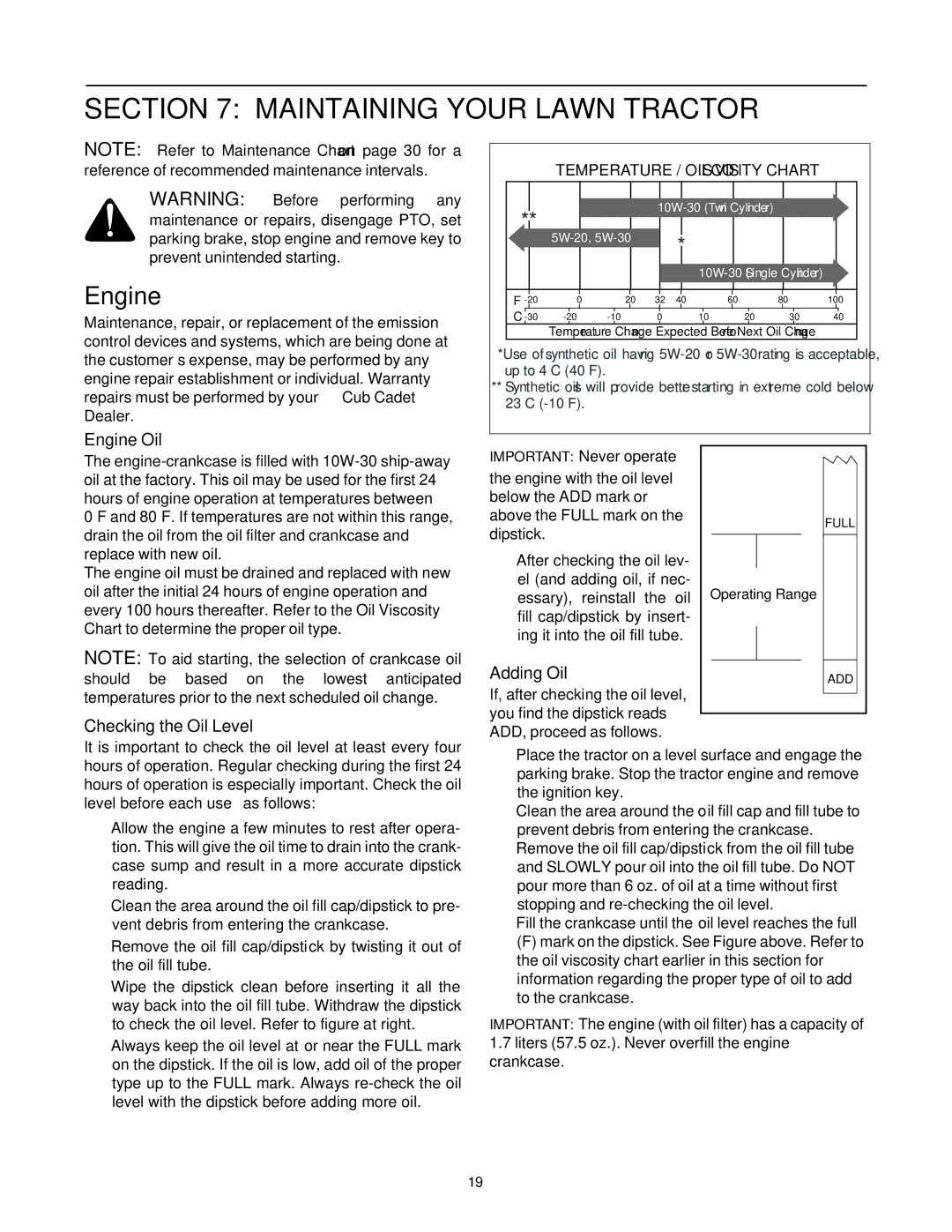 Cub Cadet SLT1550, SLT1554 manual Maintaining Your Lawn Tractor, Engine Oil, Checking the Oil Level, Adding Oil 