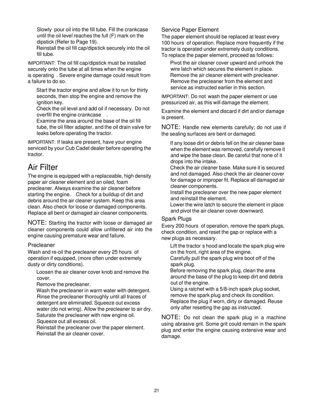 Cub Cadet SLT1550, SLT1554, SLT1554, SLT1550 manual Air Filter, Precleaner, Service Paper Element, Spark Plugs 
