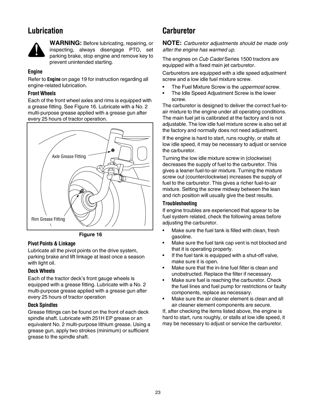 Cub Cadet SLT1550, SLT1554, SLT1554, SLT1550 manual Lubrication, Carburetor 