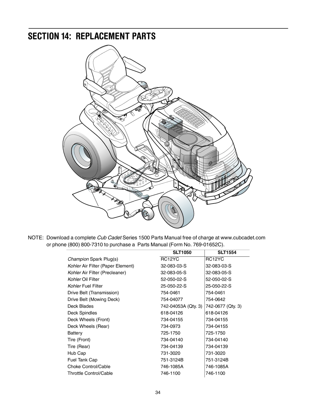 Cub Cadet SLT1554, SLT1550, SLT1550, SLT1554 manual Replacement Parts, SLT1050 SLT1554 