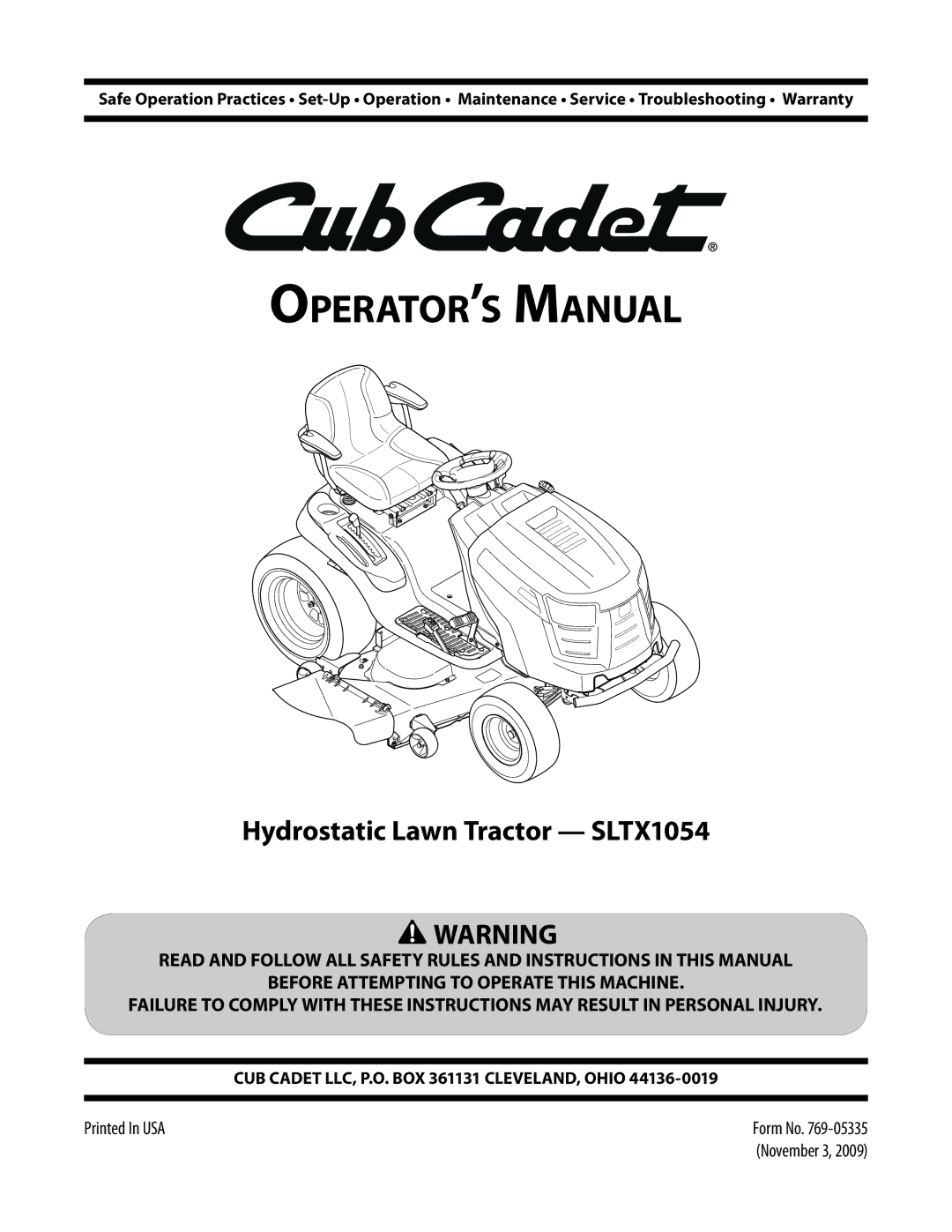 Cub Cadet SLTX1054 warranty Operator’s Manual 
