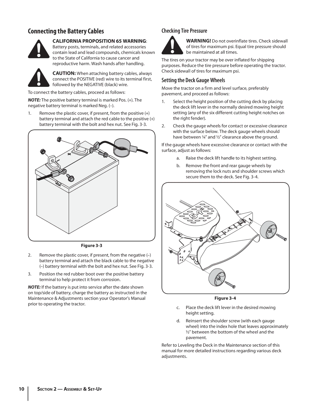 Cub Cadet SLTX1054 warranty Connecting the Battery Cables, Checking Tire Pressure, Setting the Deck Gauge Wheels 