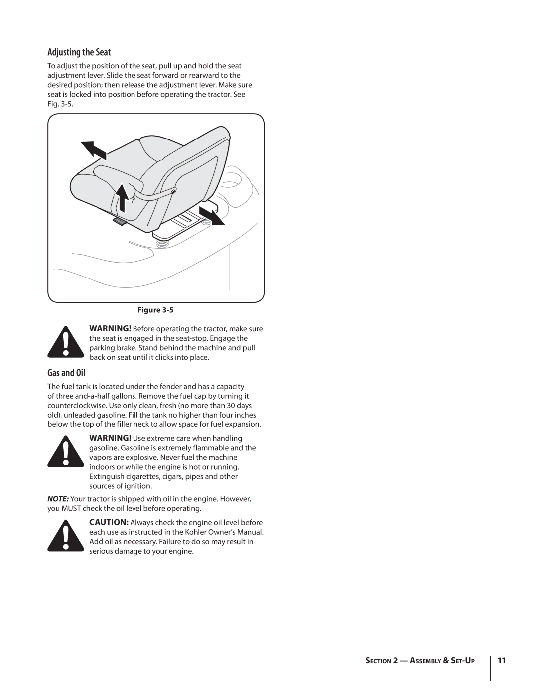 Cub Cadet SLTX1054 warranty Adjusting the Seat, Gas and Oil 