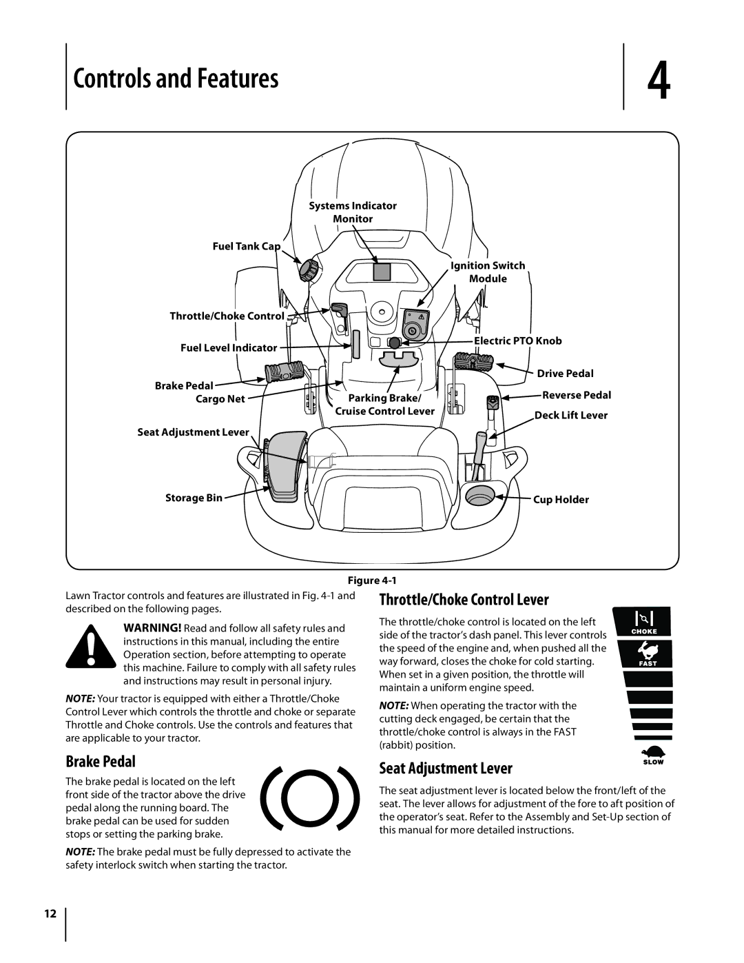 Cub Cadet SLTX1054 warranty Controls and Features, Brake Pedal, Throttle/Choke Control Lever, Seat Adjustment Lever 