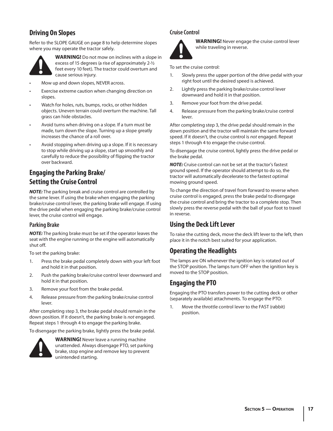 Cub Cadet SLTX1054 Driving On Slopes, Engaging the Parking Brake Setting the Cruise Control, Using the Deck Lift Lever 