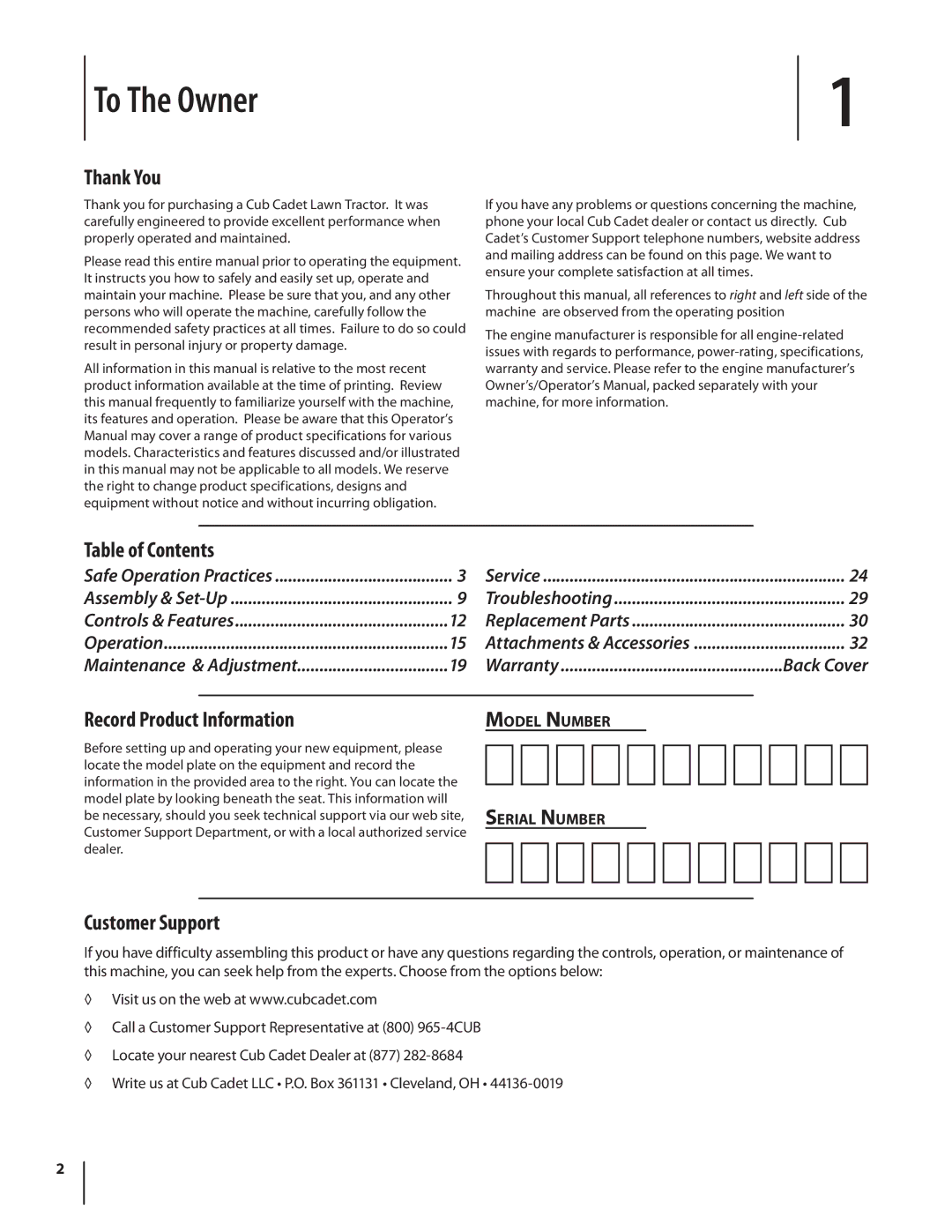 Cub Cadet SLTX1054 warranty To The Owner, Thank You, Table of Contents, Record Product Information, Customer Support 