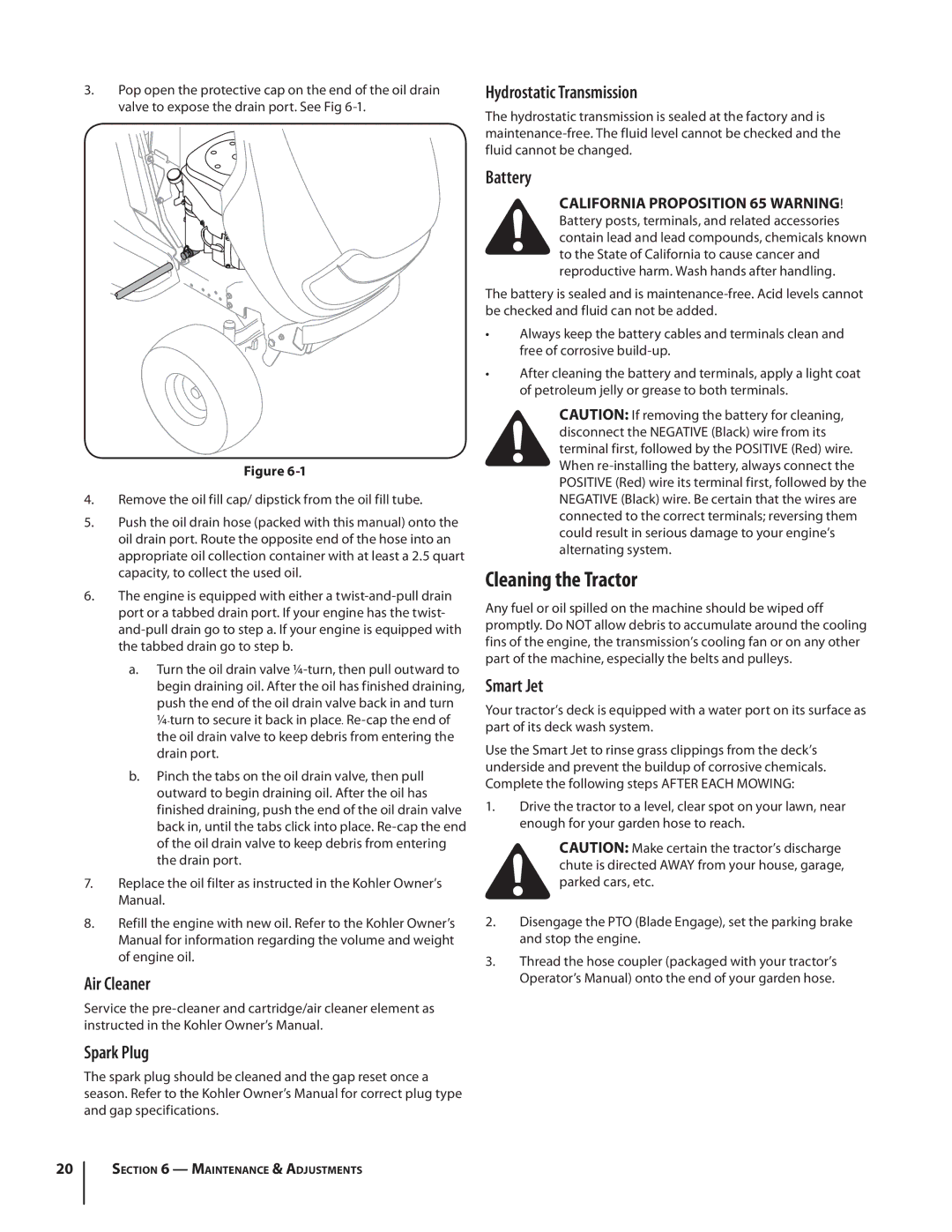 Cub Cadet SLTX1054 warranty Cleaning the Tractor, Air Cleaner Spark Plug Hydrostatic Transmission, Smart Jet 