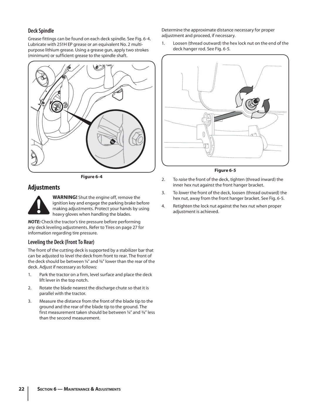 Cub Cadet SLTX1054 warranty Adjustments, Deck Spindle, Leveling the Deck Front To Rear 