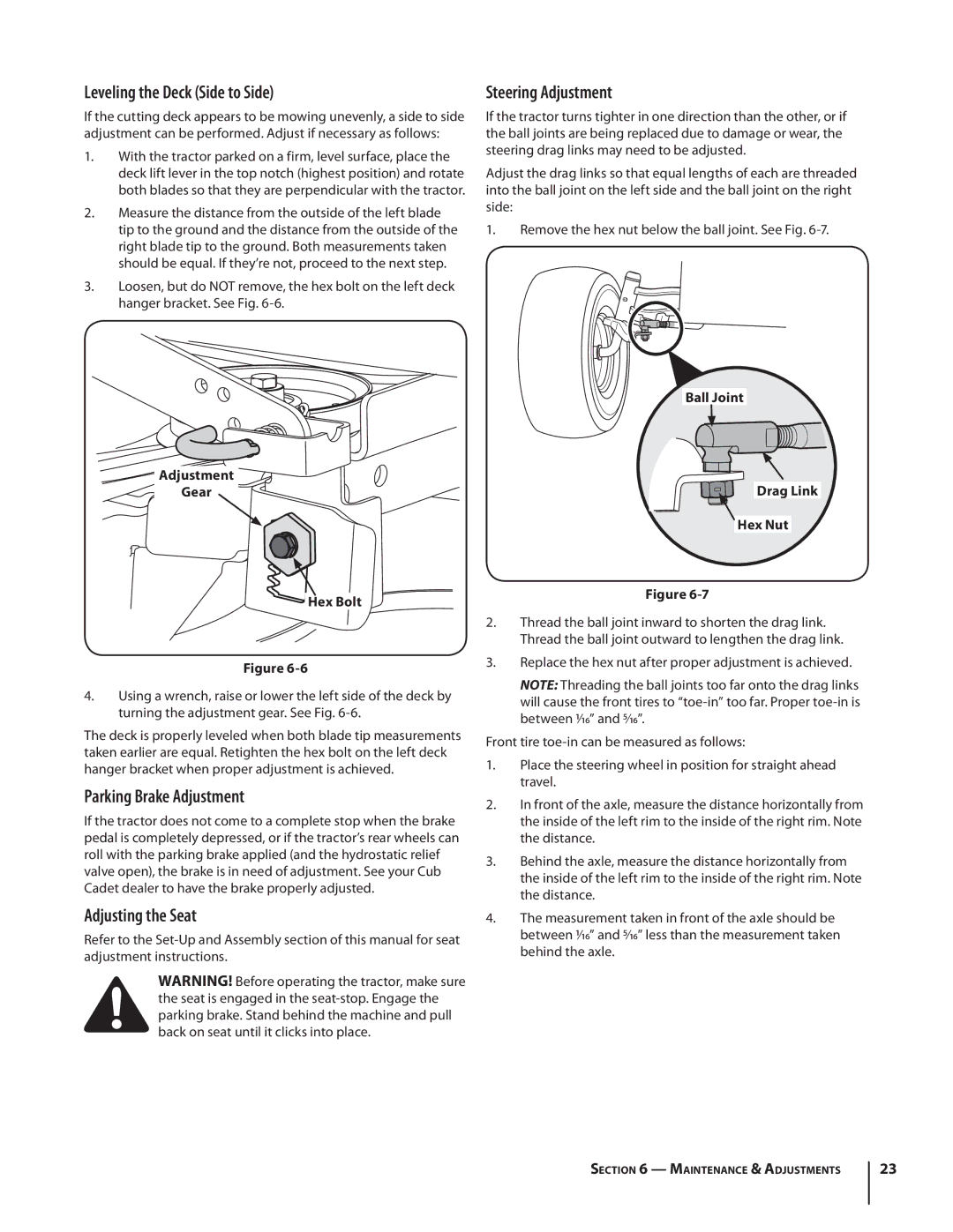 Cub Cadet SLTX1054 Leveling the Deck Side to Side, Steering Adjustment, Parking Brake Adjustment, Drag Link Hex Nut 