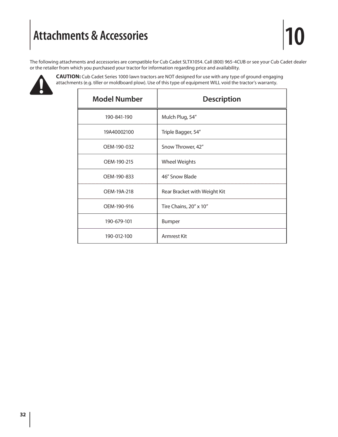 Cub Cadet SLTX1054 warranty Attachments & Accessories, Model Number Description 