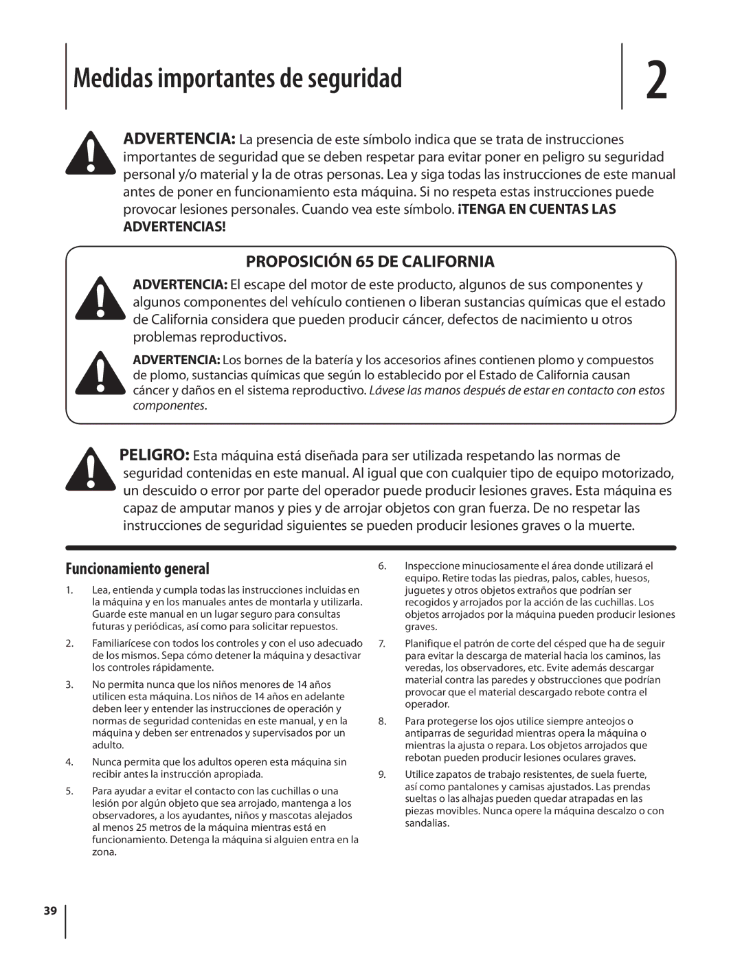 Cub Cadet SLTX1054 warranty Medidas importantes de seguridad, Proposición 65 de California, Funcionamiento general 