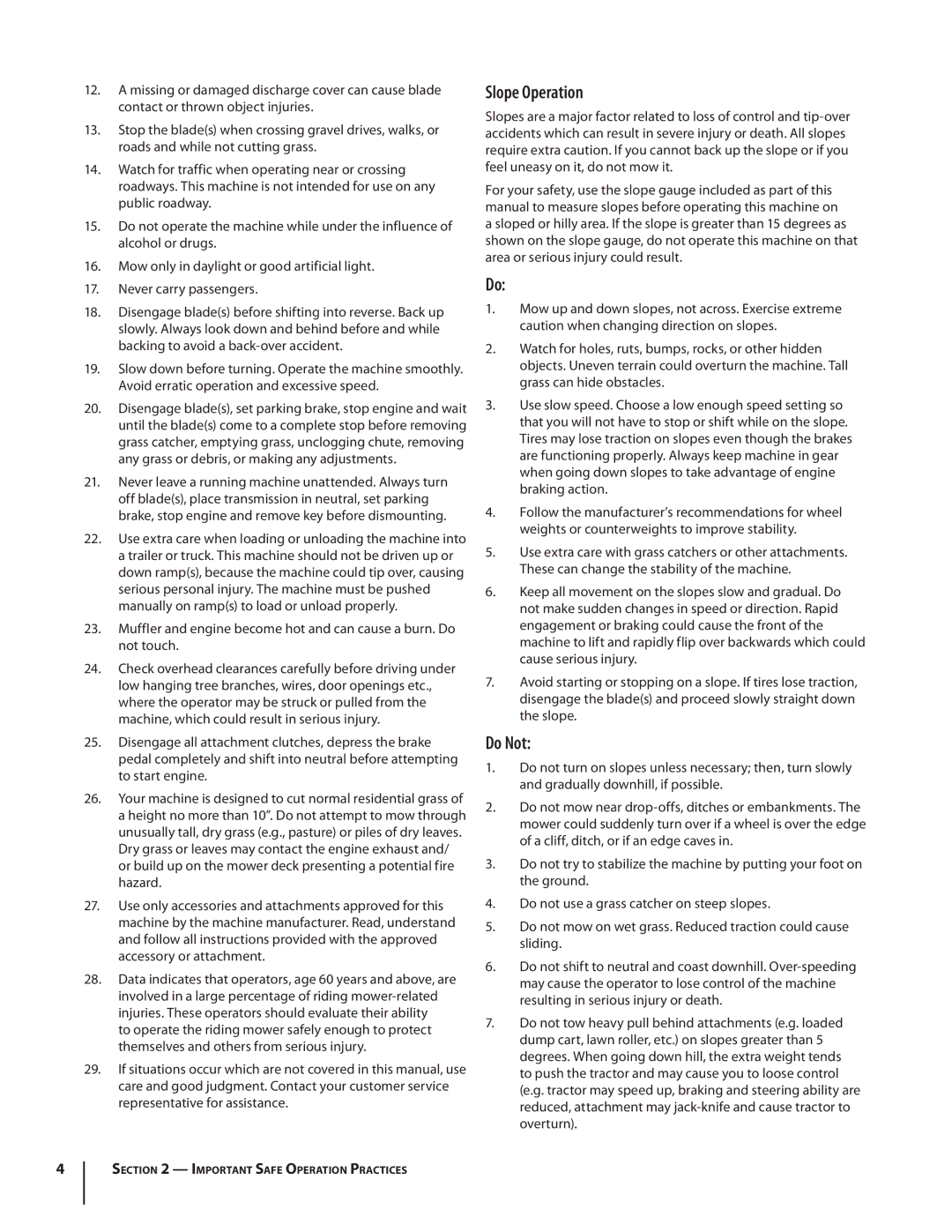 Cub Cadet SLTX1054 warranty Slope Operation, Do Not 