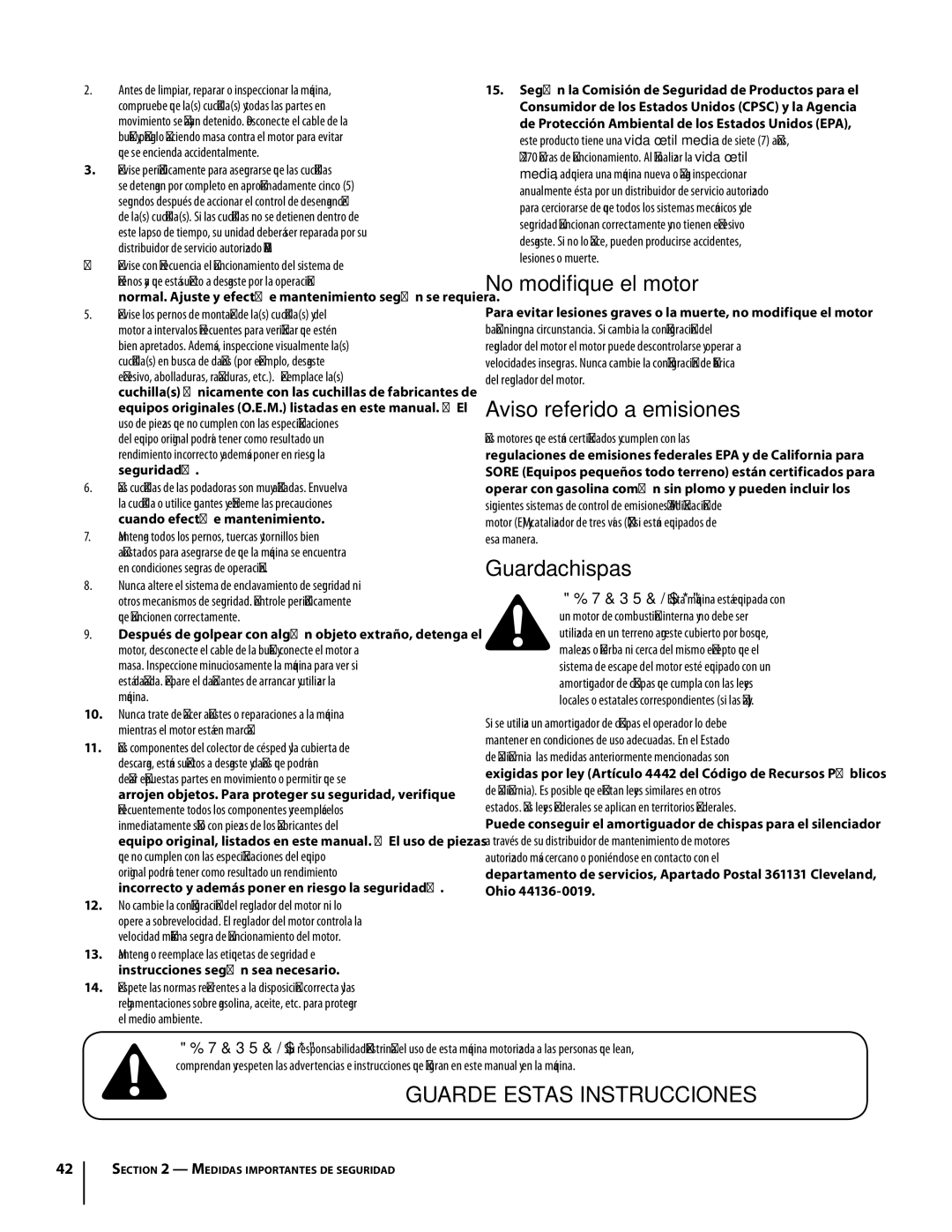 Cub Cadet SLTX1054 warranty No modifique el motor, Aviso referido a emisiones, Guardachispas 