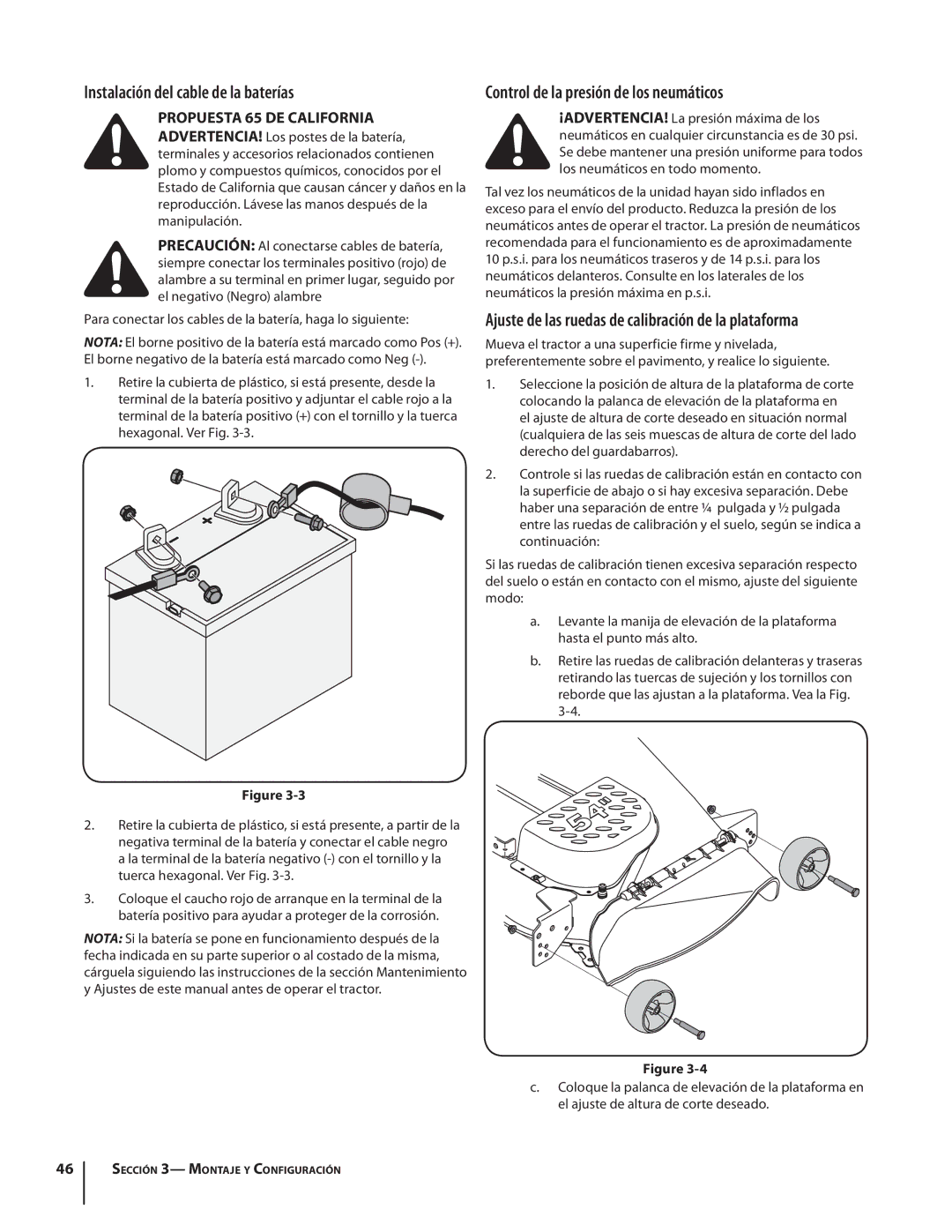 Cub Cadet SLTX1054 warranty Instalación del cable de la baterías, Control de la presión de los neumáticos 