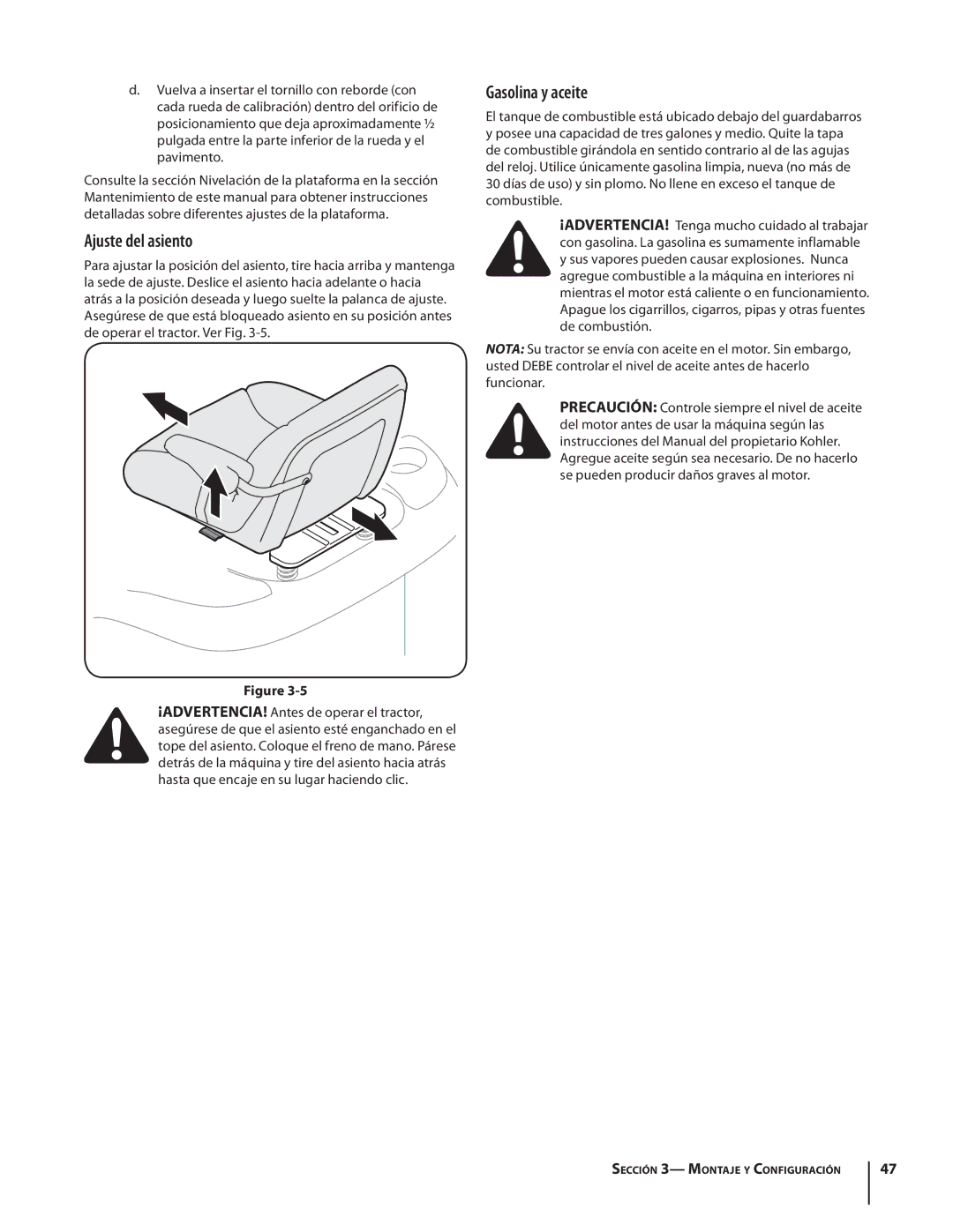 Cub Cadet SLTX1054 warranty Ajuste del asiento, Gasolina y aceite 