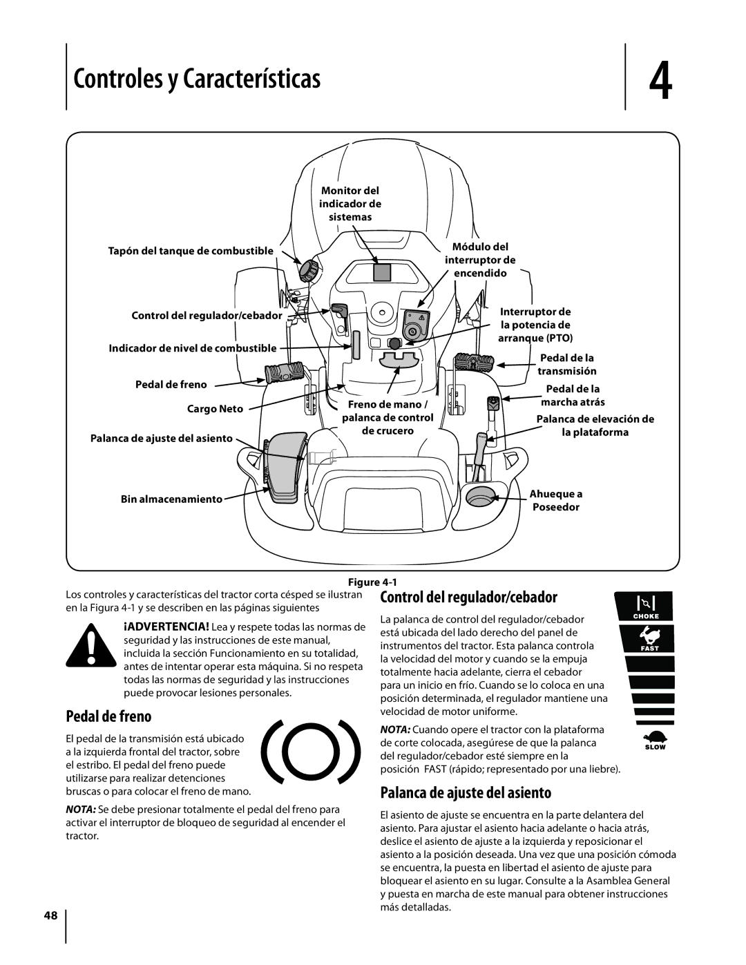 Cub Cadet SLTX1054 warranty Controles y Características, Control del regulador/cebador, Pedal de freno 