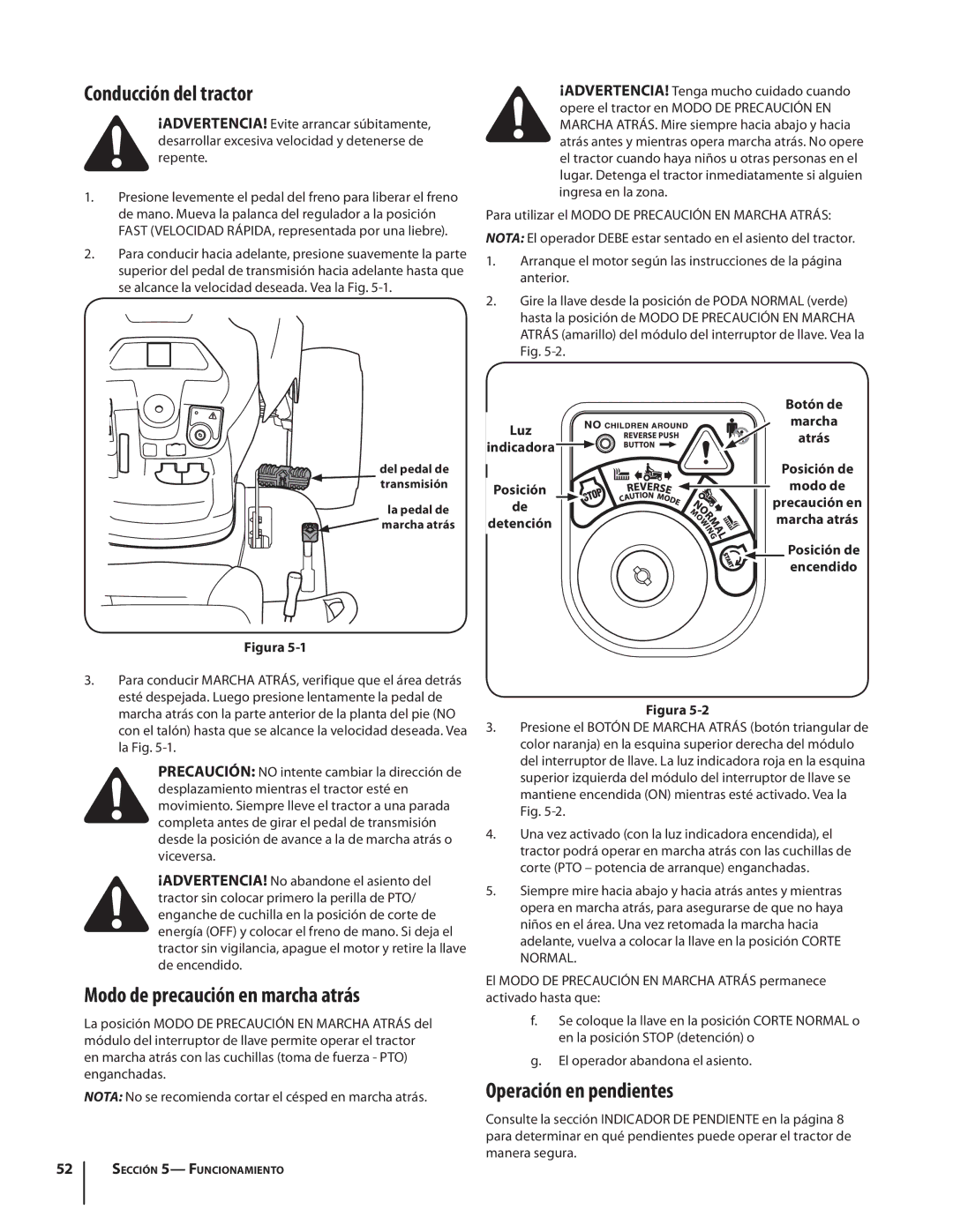 Cub Cadet SLTX1054 warranty Conducción del tractor, Operación en pendientes, Botón de 