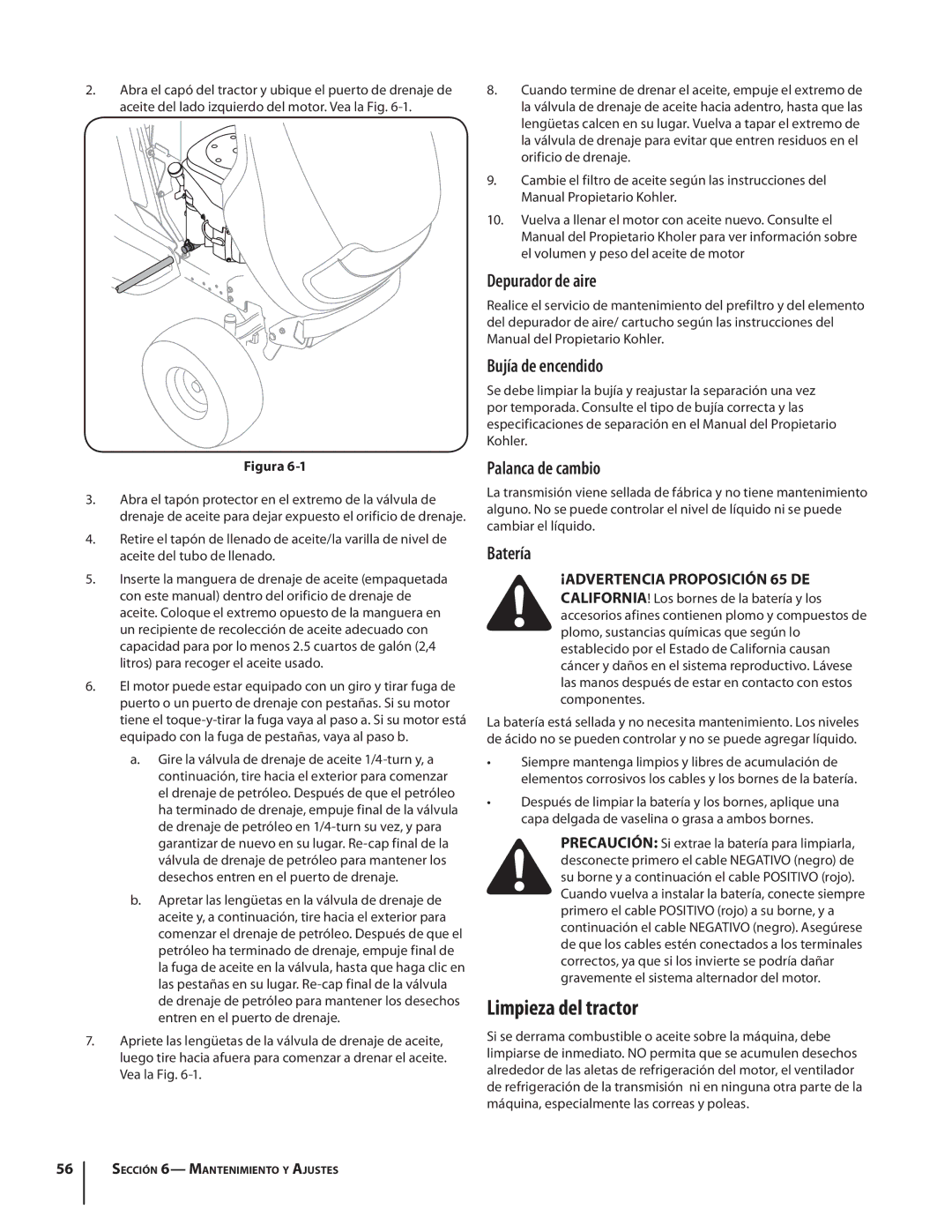 Cub Cadet SLTX1054 warranty Limpieza del tractor, Depurador de aire, Bujía de encendido, Palanca de cambio, Batería 