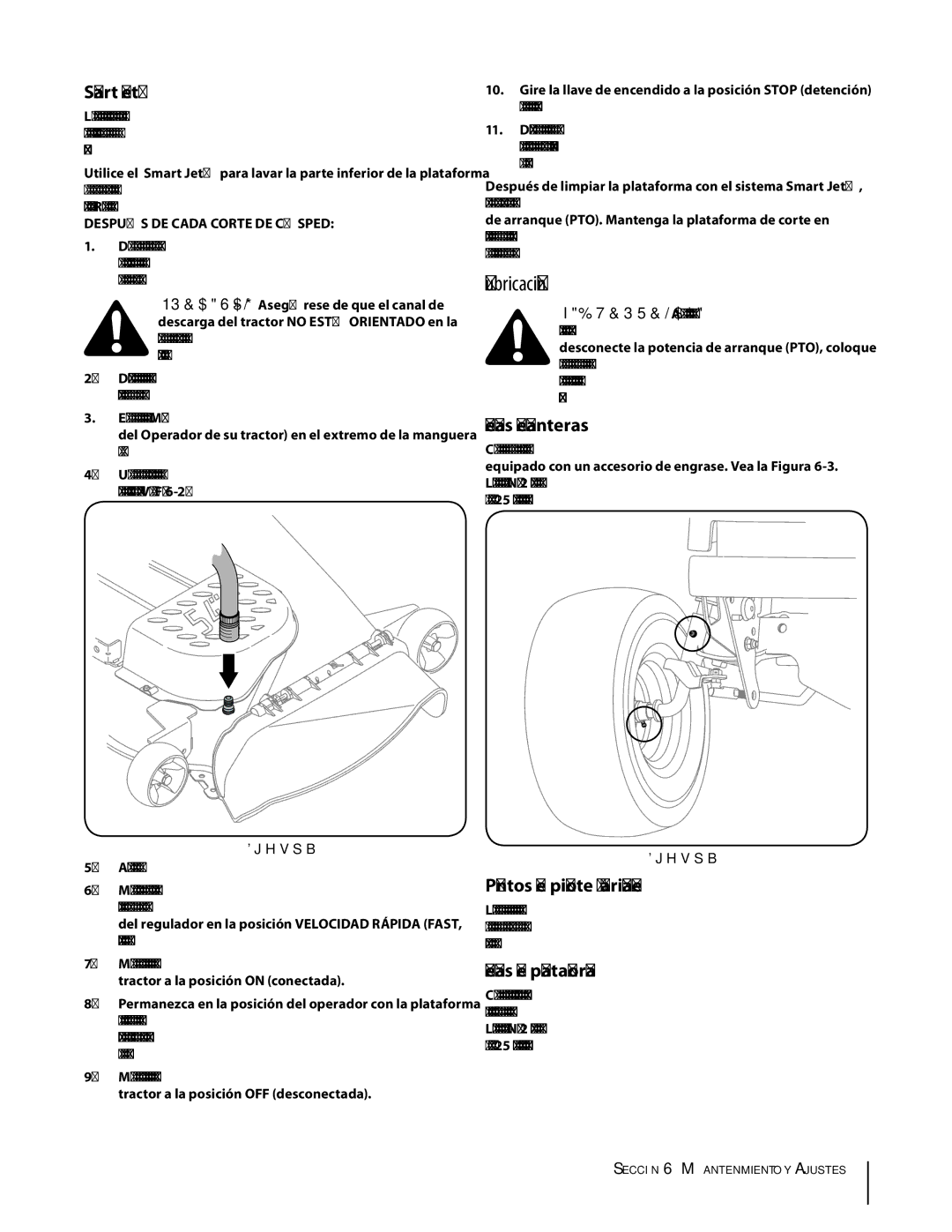 Cub Cadet SLTX1054 warranty Lubricación, Ruedas delanteras, Puntos de pivote y varillaje, Ruedas de plataforma 