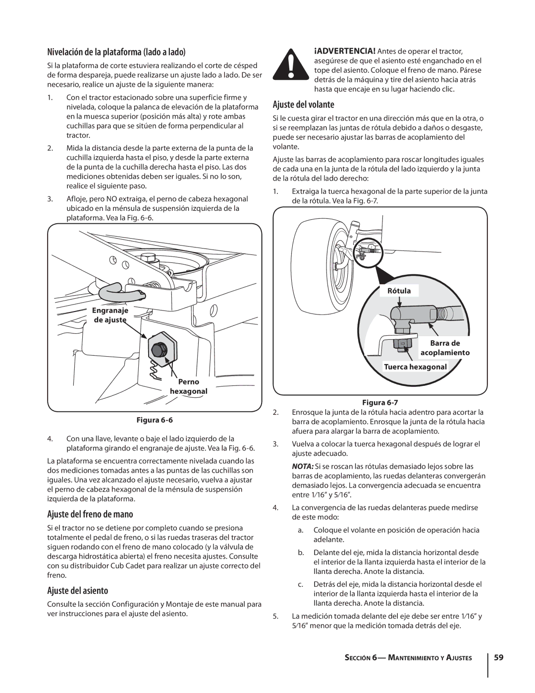 Cub Cadet SLTX1054 warranty Nivelación de la plataforma lado a lado, Ajuste del freno de mano, Ajuste del volante 