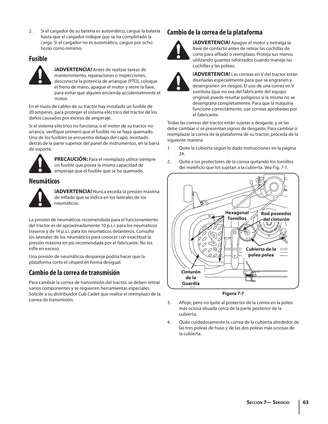 Cub Cadet SLTX1054 warranty Fusible, Neumáticos, Cambio de la correa de transmisión, Cambio de la correa de la plataforma 