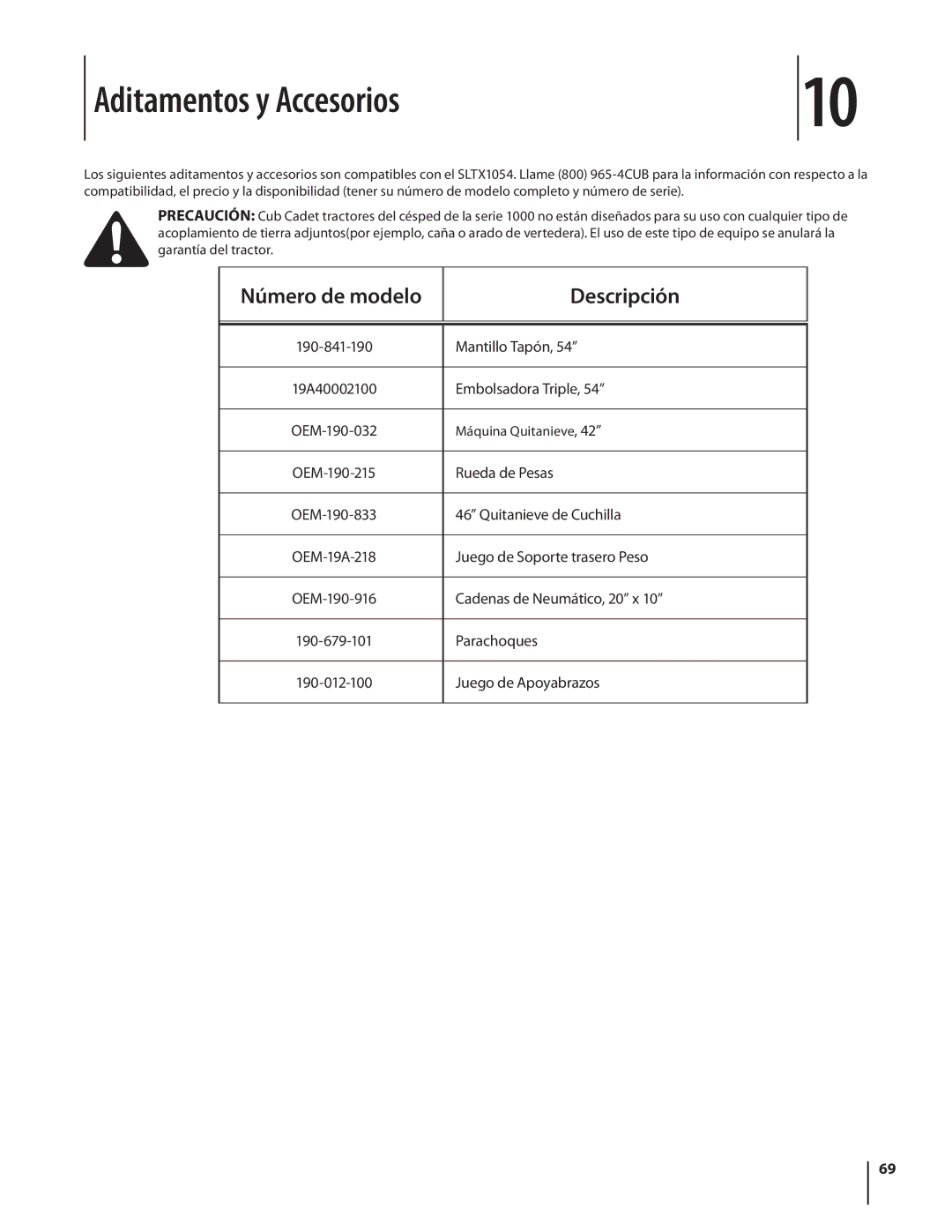 Cub Cadet SLTX1054 warranty Aditamentos y Accesorios, Descripción 