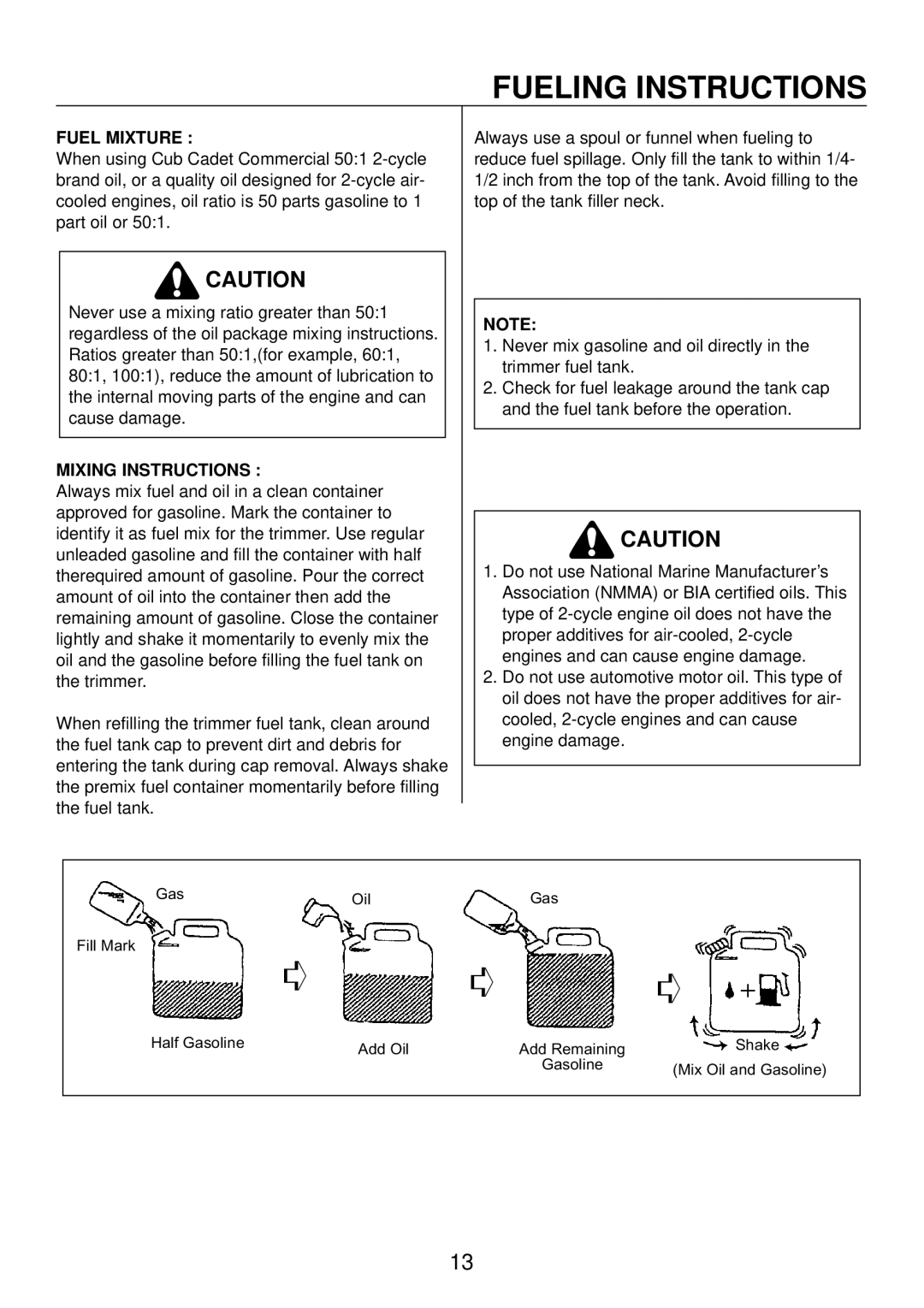 Cub Cadet ST35, ST23, ST26 manual Fuel Mixture, Mixing Instructions 