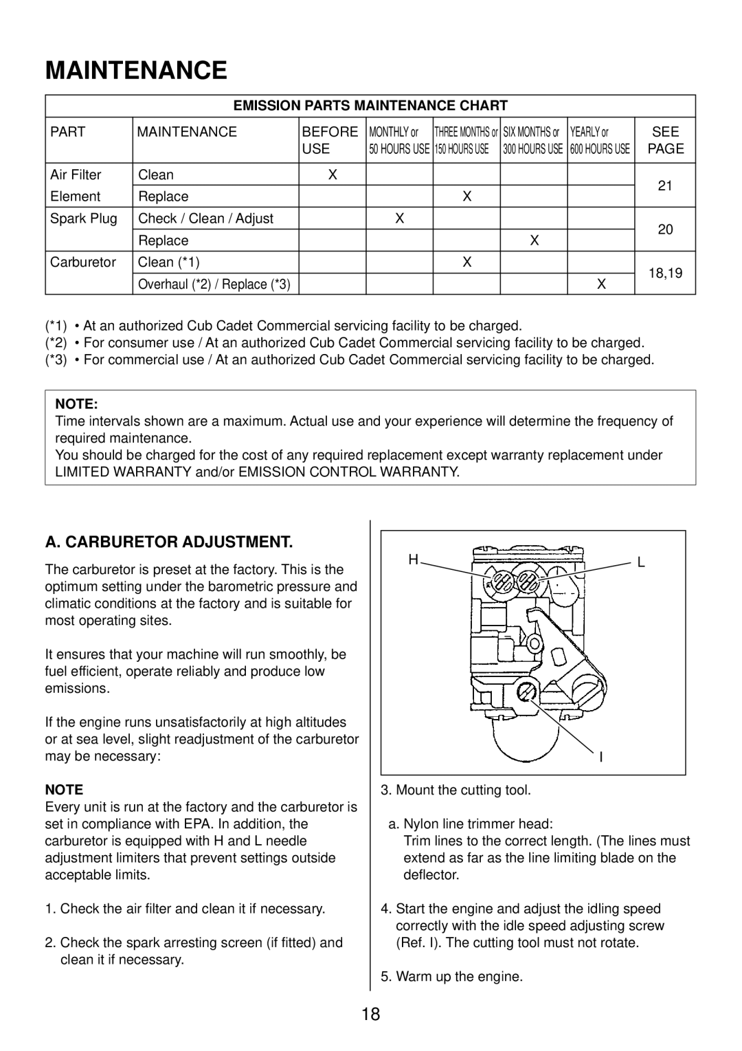 Cub Cadet ST26, ST23, ST35 manual Carburetor Adjustment, Emission Parts Maintenance Chart 