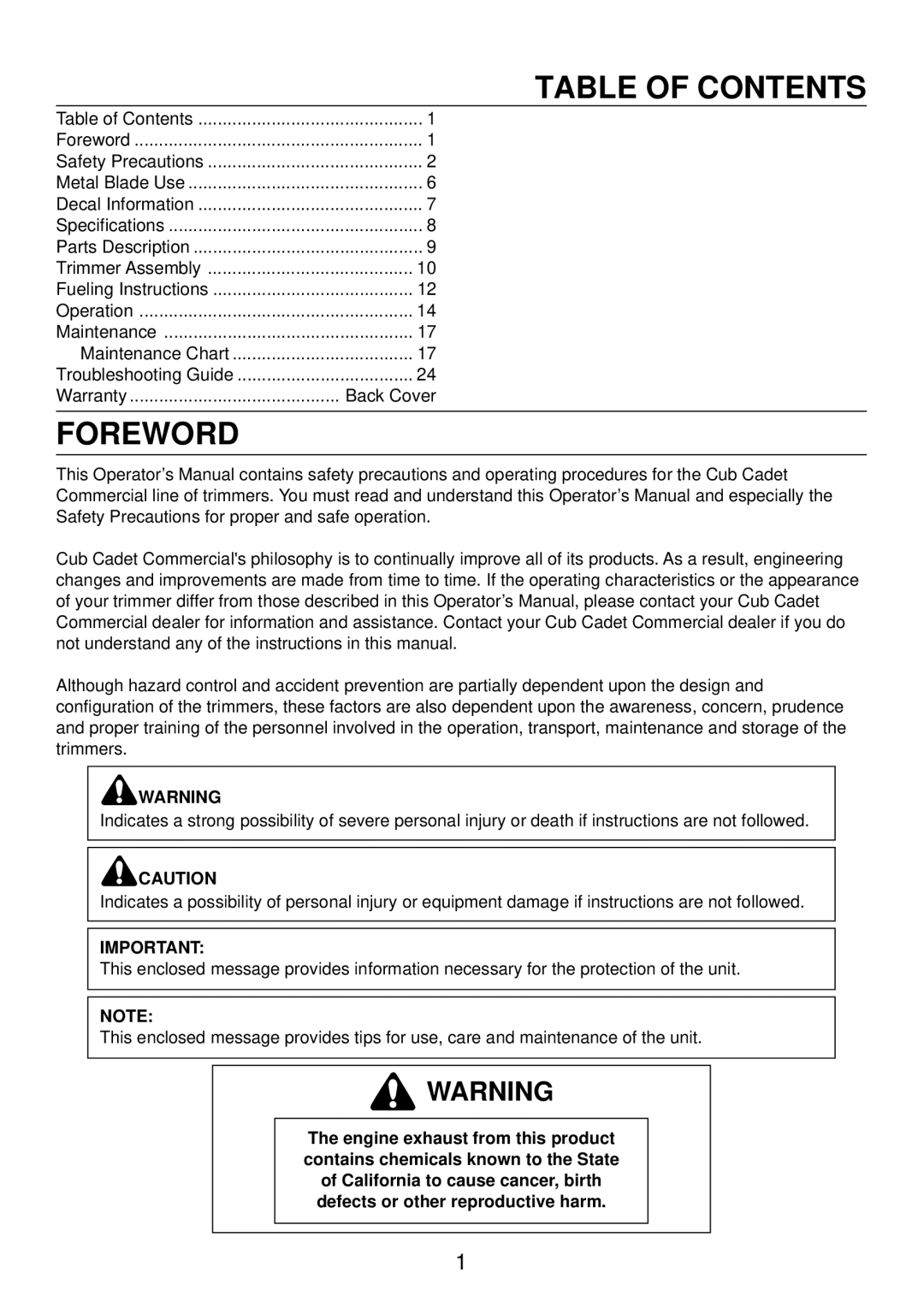 Cub Cadet ST35, ST23, ST26 manual Table of Contents, Foreword 